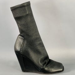 RICK OWENS Size 5 Black Lambskin Leather Open Toe Sock Wedge Boots
