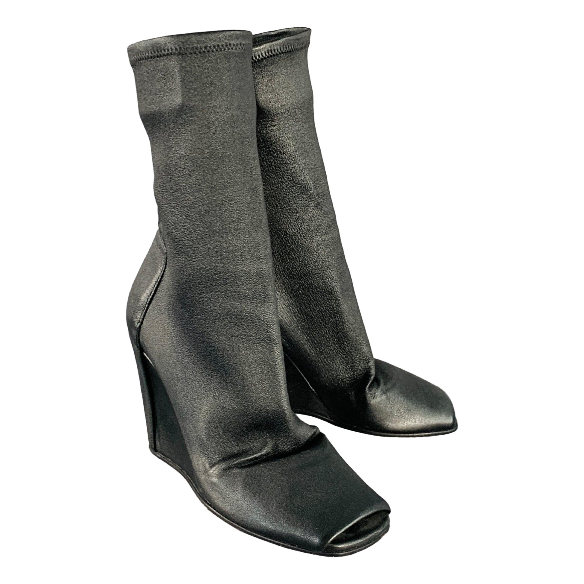RICK OWENS Size 5 Black Lambskin Leather Open Toe Sock Wedge Boots For Sale
