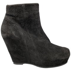 Used RICK OWENS Size 9 Black Suede Covered Platform Wedge Ankle Boots