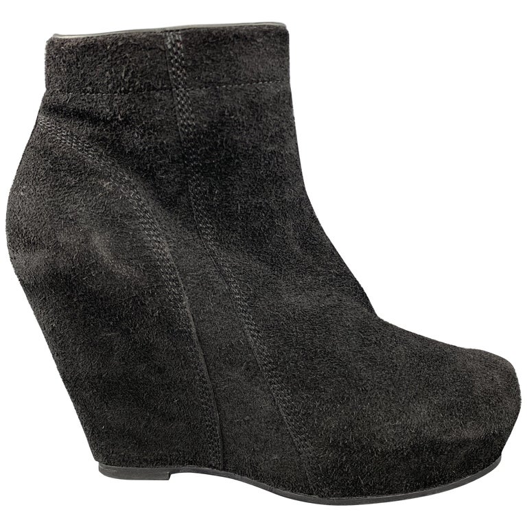 RICK OWENS Size 9 Black Suede Covered Platform Wedge Ankle Boots at ...