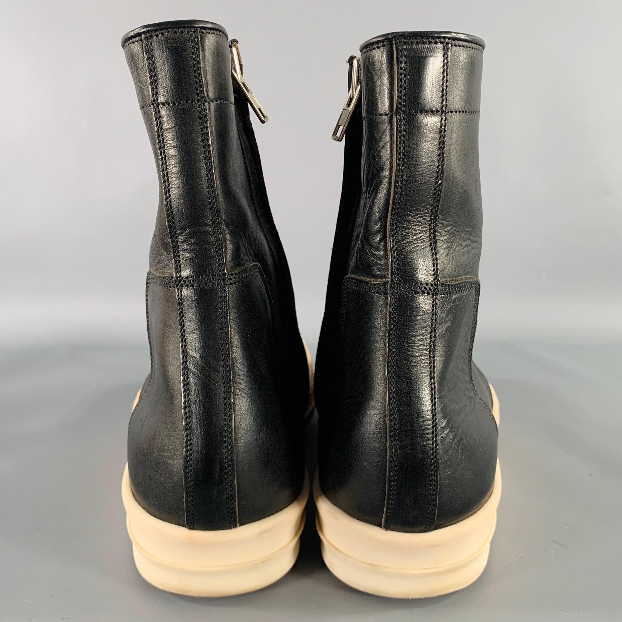 RICK OWENS Size 9 Black White Leather High Top Sneakers In Good Condition In San Francisco, CA