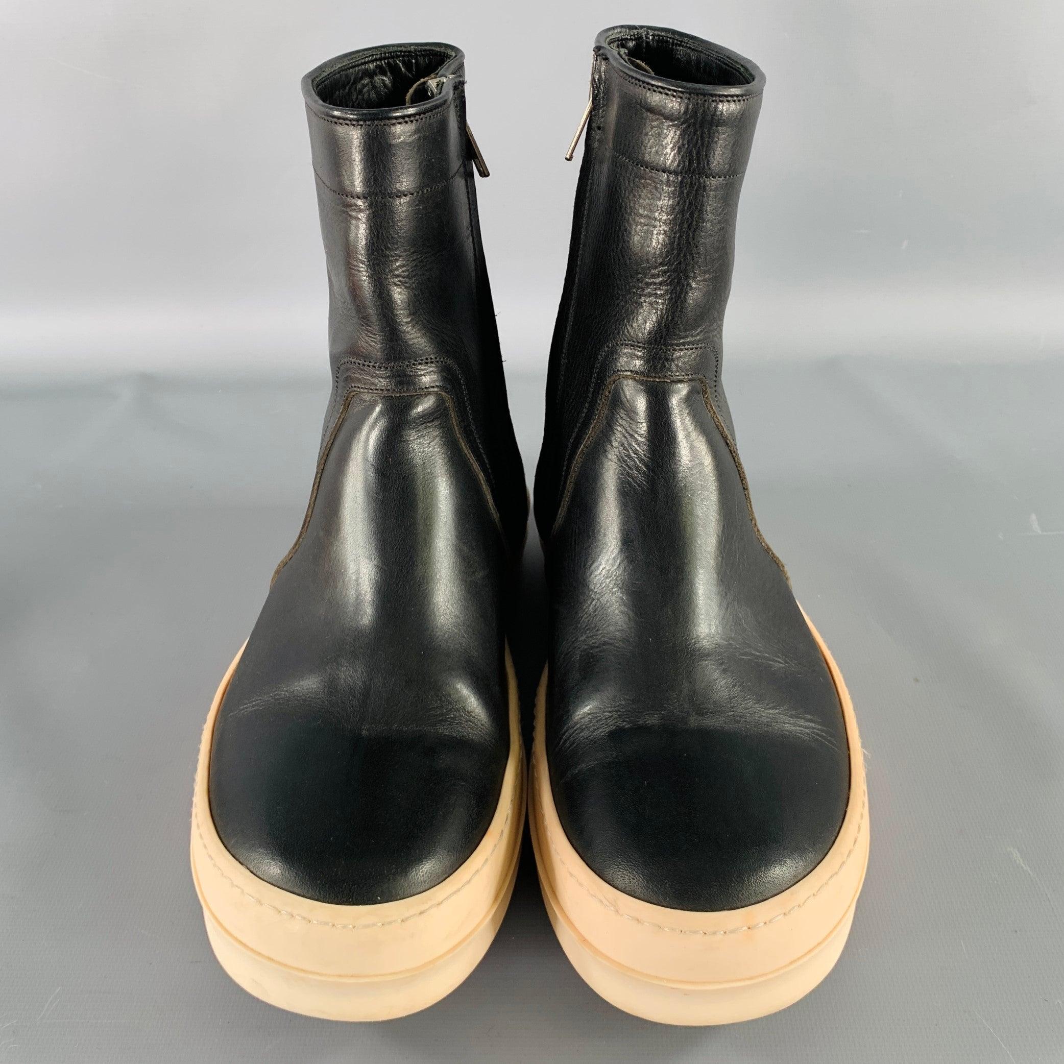 RICK OWENS Size 9 Black White Leather High Top Sneakers Bon état à San Francisco, CA