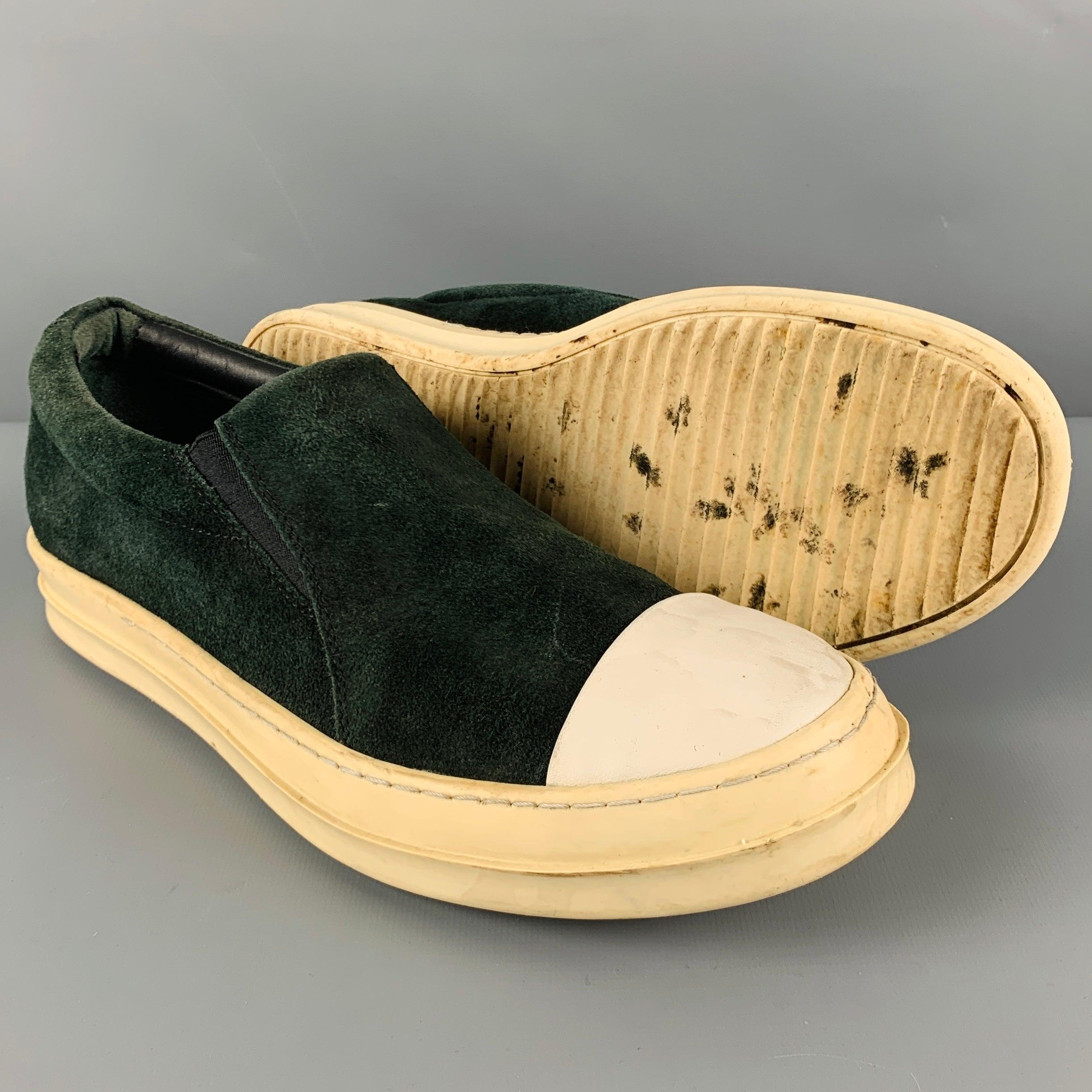 RICK OWENS Size 9 Green White Leather Slip On Sneakers For Sale 1