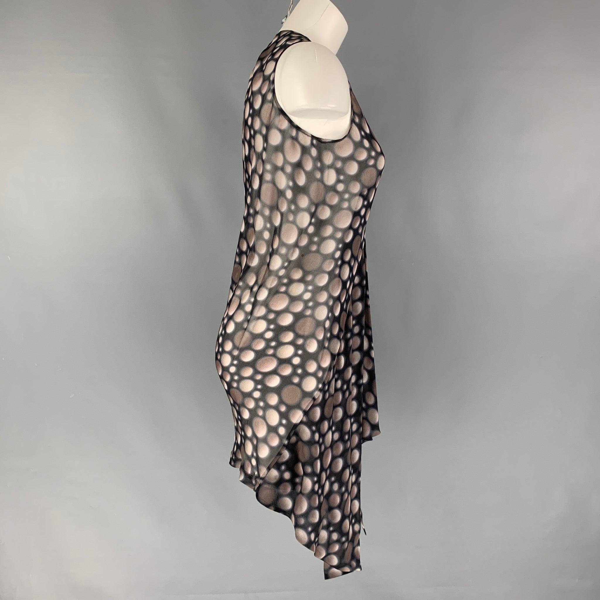 RICK OWENS sleeveless dress comes in a black and taupe dots fluid fabric featuring see through style, asymmetrical hem and v-neck. Excellent Pre-Owned Condition. Fabric and Size tags removed. 

Marked:   no size marked 

Measurements: 
 
Shoulder: