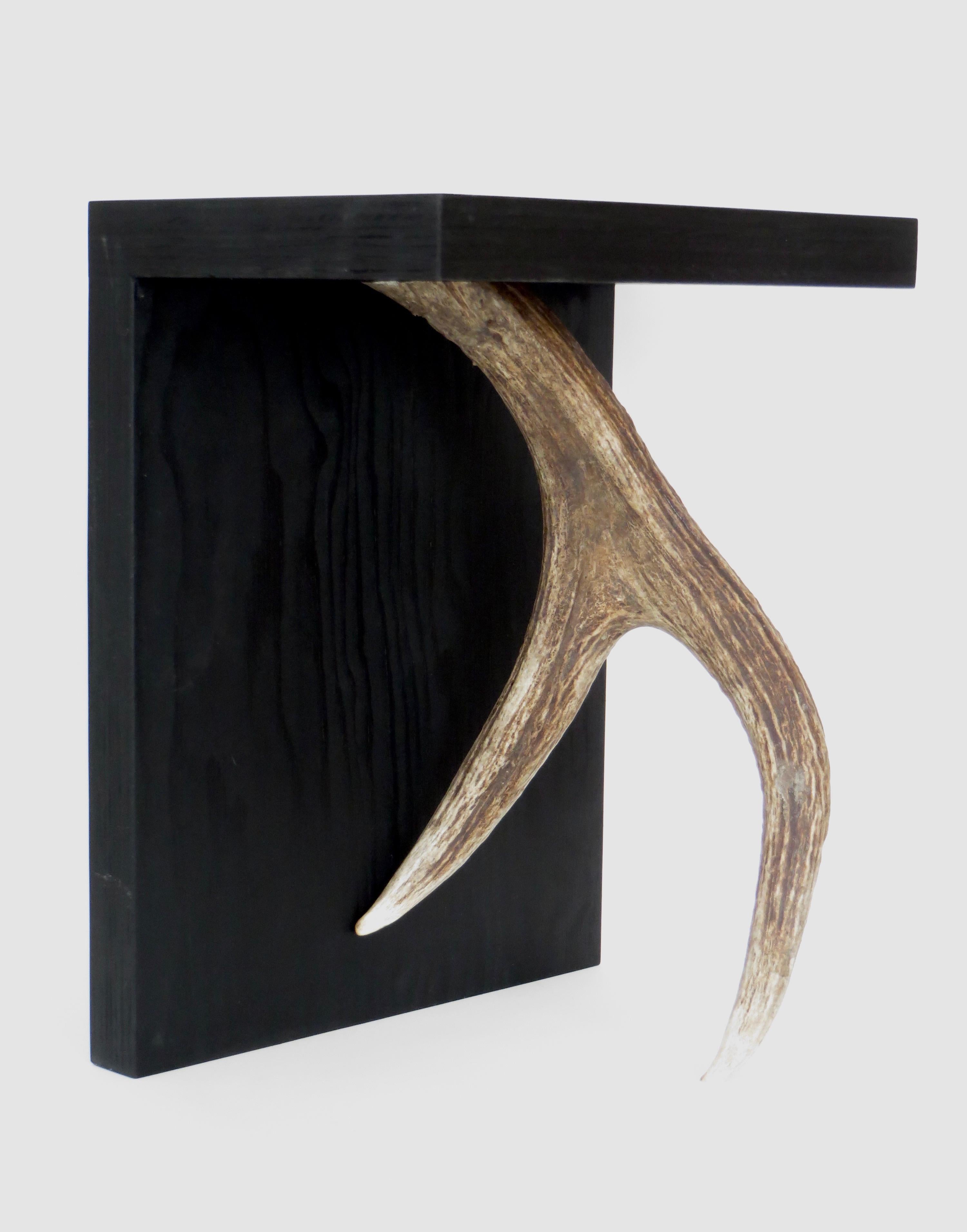 Black ebonized stained solid plywood forms with elk or moose antler.
Iconic rick Owens use of natural and organic modern materials.
These are from the open edition series.
Each stool is signed on the base and is a piece unique.
May be used as