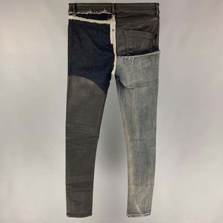 RICK OWENS Tyrone SS 19 Size 30 Black Blue Patchwork Cotton Blend