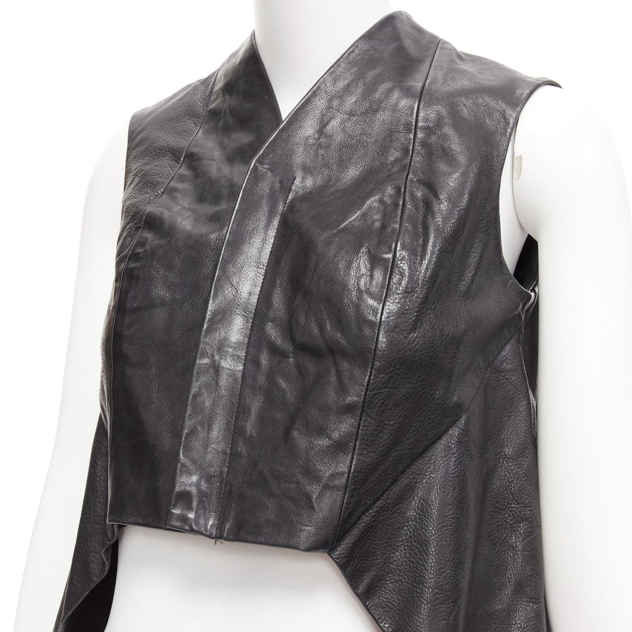 RICK OWENS Wedge black calf leather panelled high low boxy vest IT38 XS In Good Condition For Sale In Hong Kong, NT