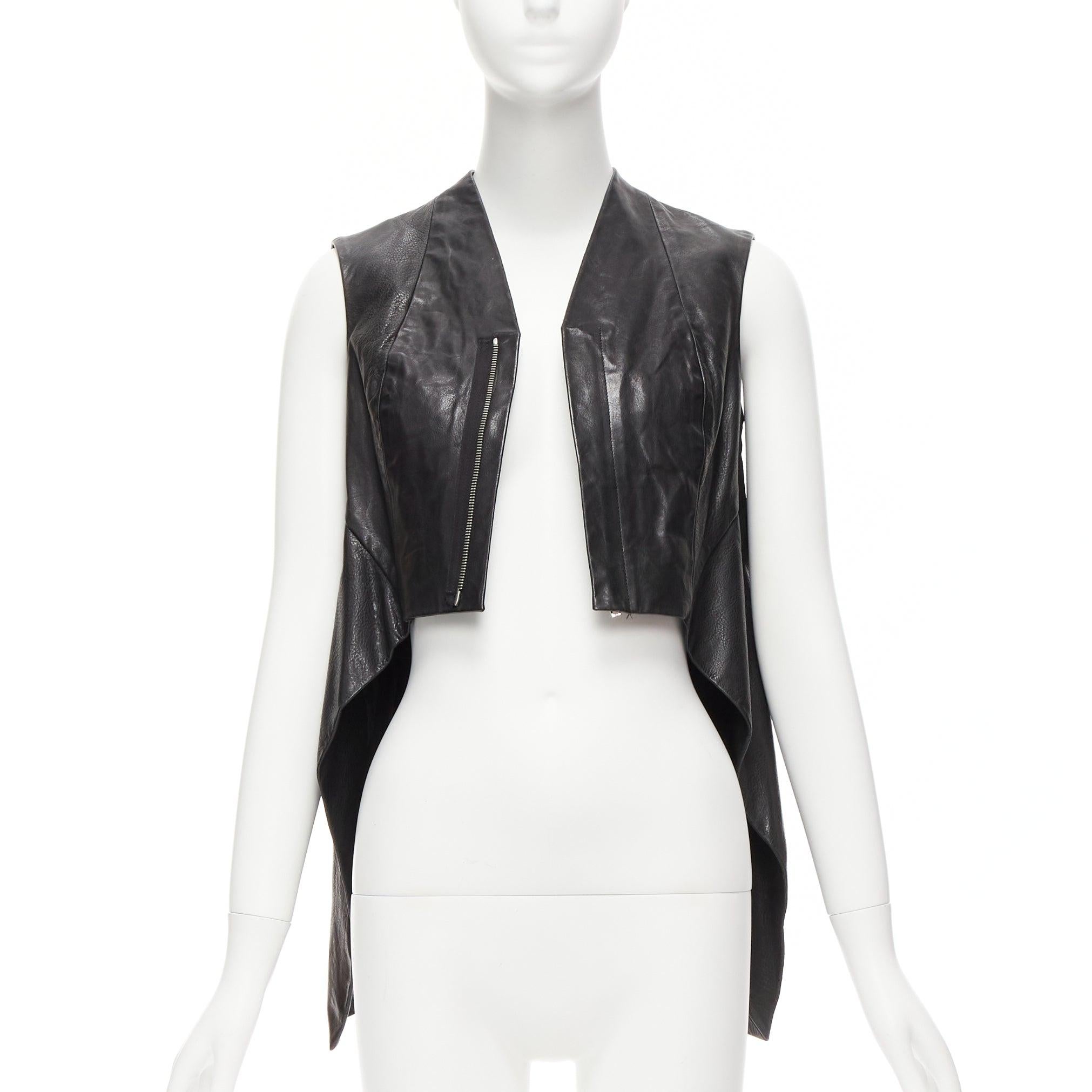 Women's RICK OWENS Wedge black calf leather panelled high low boxy vest IT38 XS For Sale