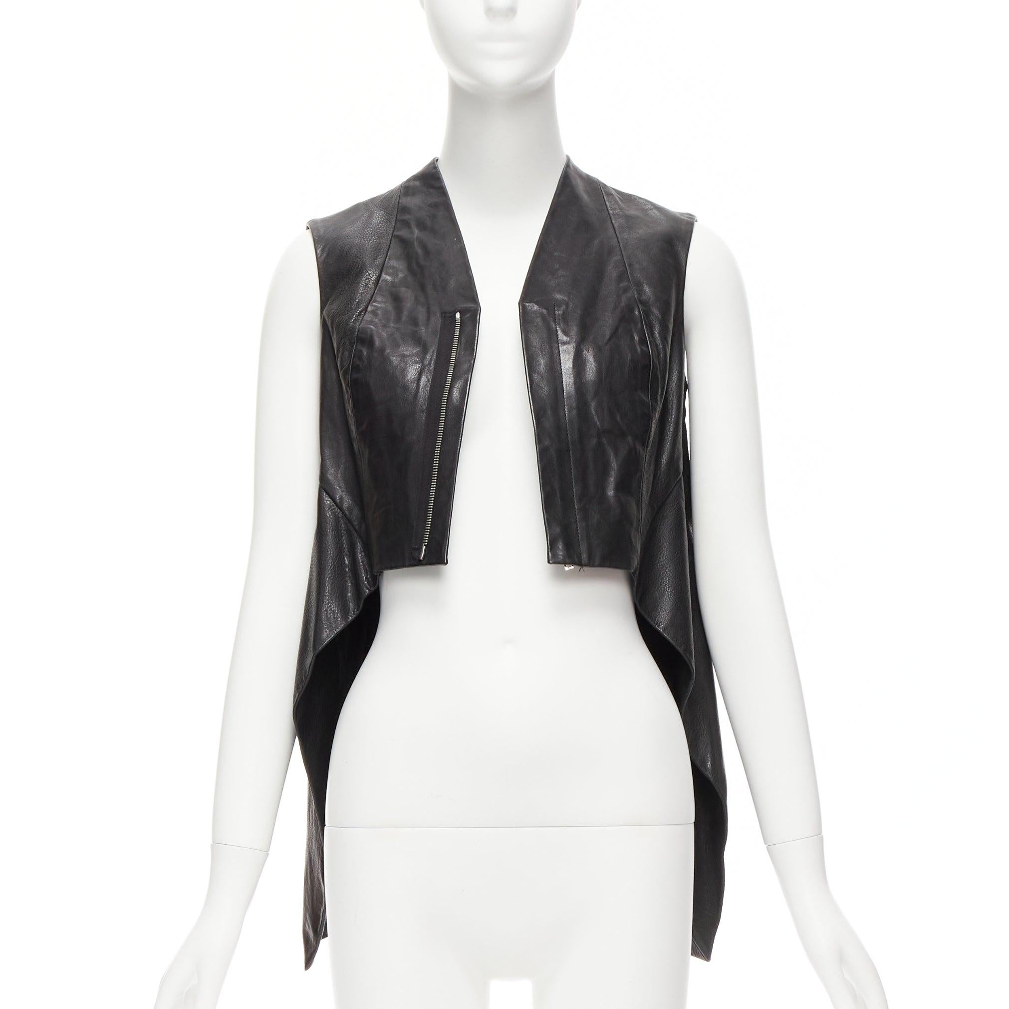 RICK OWENS Wedge black calf leather panelled high low boxy vest IT38 XS In Good Condition In Hong Kong, NT