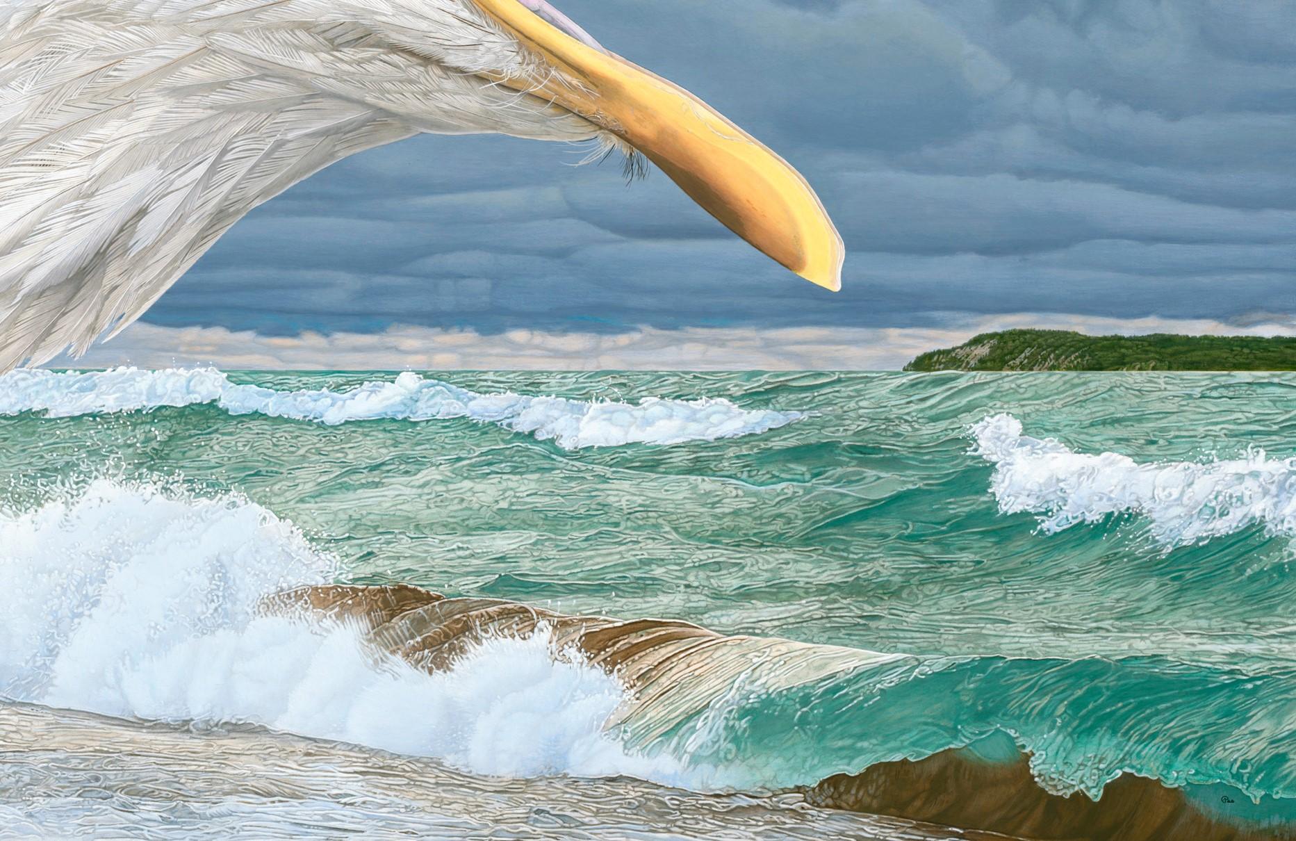 Das Kreischen eines männlichen Weißkopfseeadlers ist über der stürmischen Kulisse der Manitou Passage des Michigansees in Nord-Michigan zu hören.  Das Gefieder dieses majestätischen Vogels ist außergewöhnlich detailgetreu gemalt und lädt den