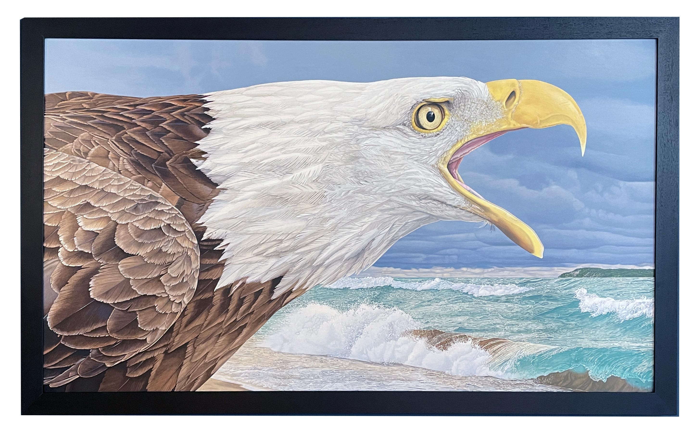 A male bald eagle screeches to be heard above the stormy backdrop of Lake Michigan's Manitou Passage in Northern Michigan.  Extraordinarily painted with such realistic detail, this majestic bird's feathers beg for the viewer to come in for a closer