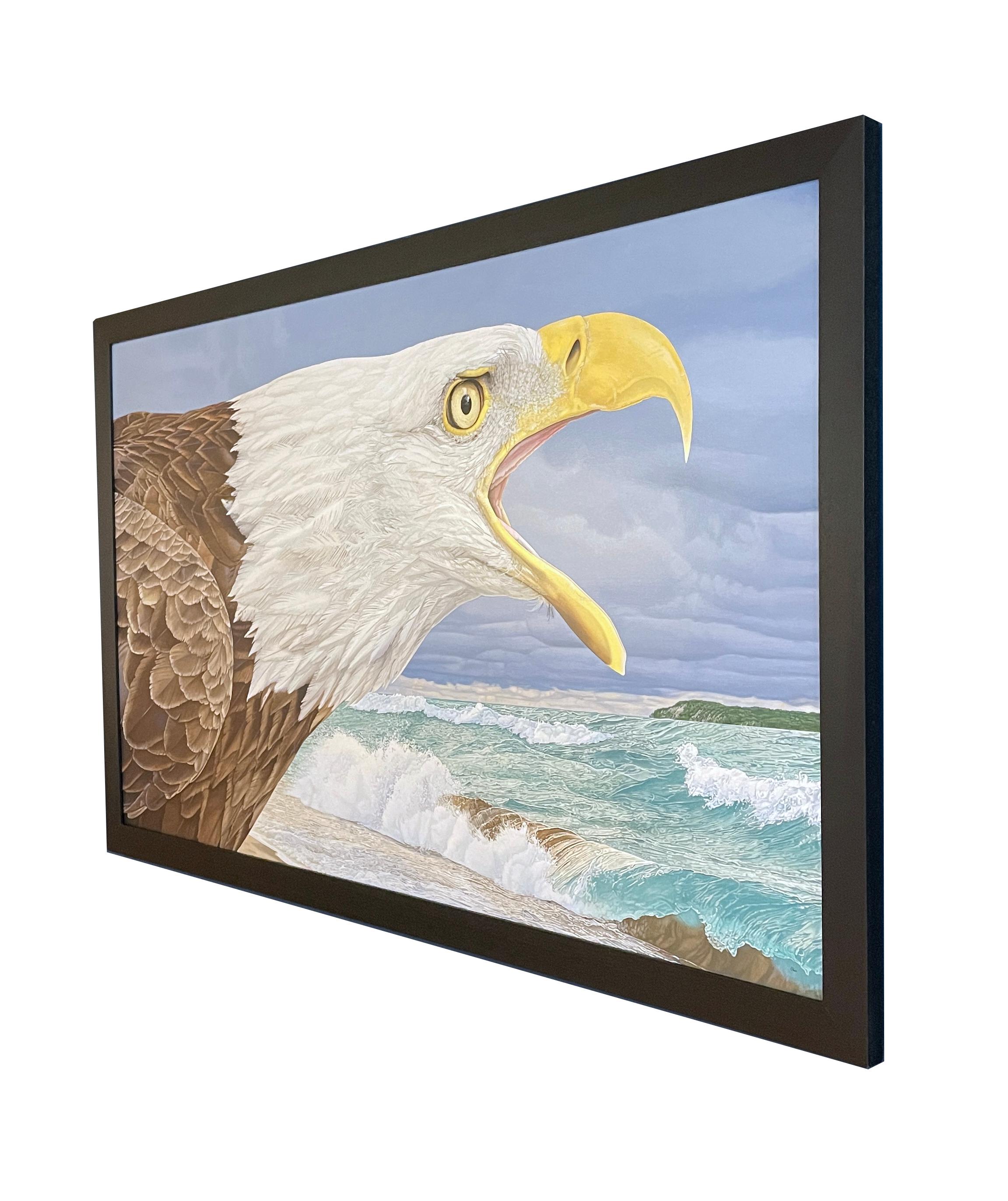 Calls in the Manitou Passage - Photorealistic Painting of Bald Eagle Screeching For Sale 1