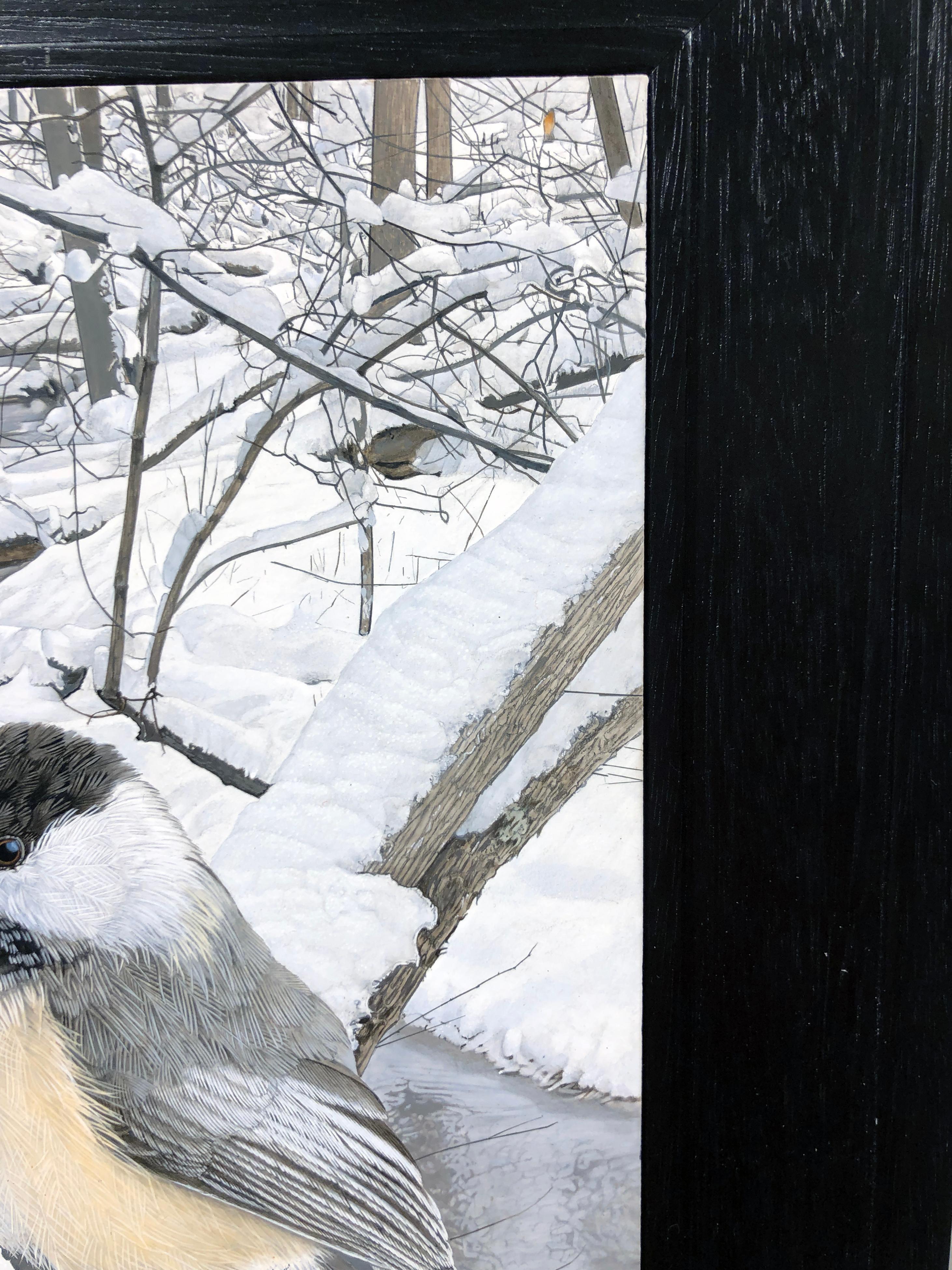 Though small in scale this painting delivers great impact.  Every detail is captured in meticulous brush work.  

Rick Pas
Chickadee at Hasler Creek
acrylic on panel
12h x 12w in
30.48h x 30.48w cm

ARTIST'S STATEMENT
Creating is an addiction. With