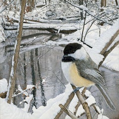 Chickadee am Hasler Creek – Fotorealistisches Gemälde eines Vogels in einer Winterszene