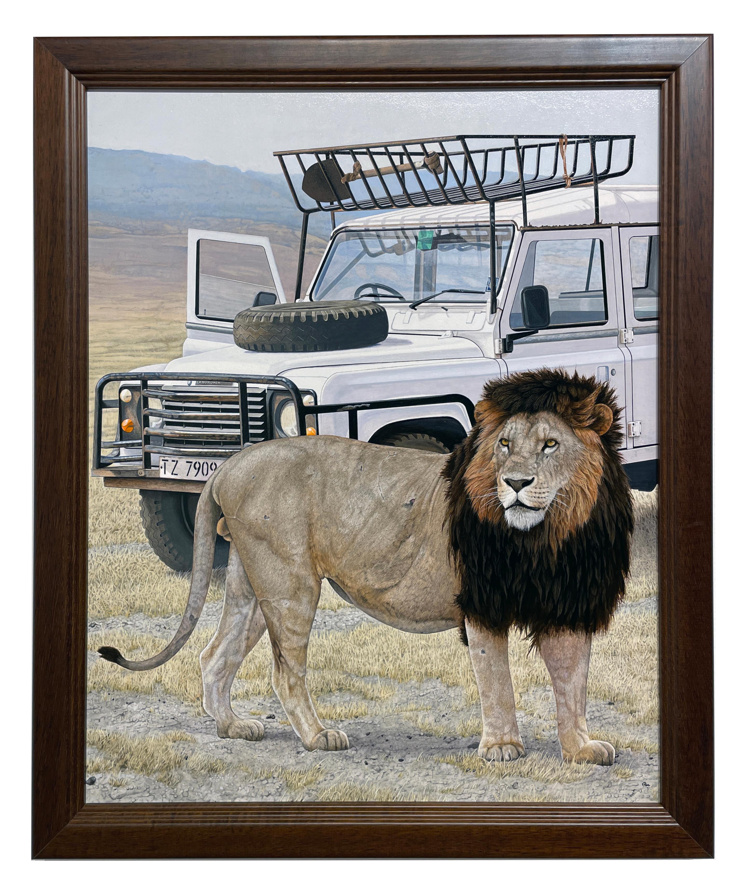 Dark Mane – Fotorealistisches Gemälde einer Safari mit einem Löwen und Land Rover – Painting von Rick Pas