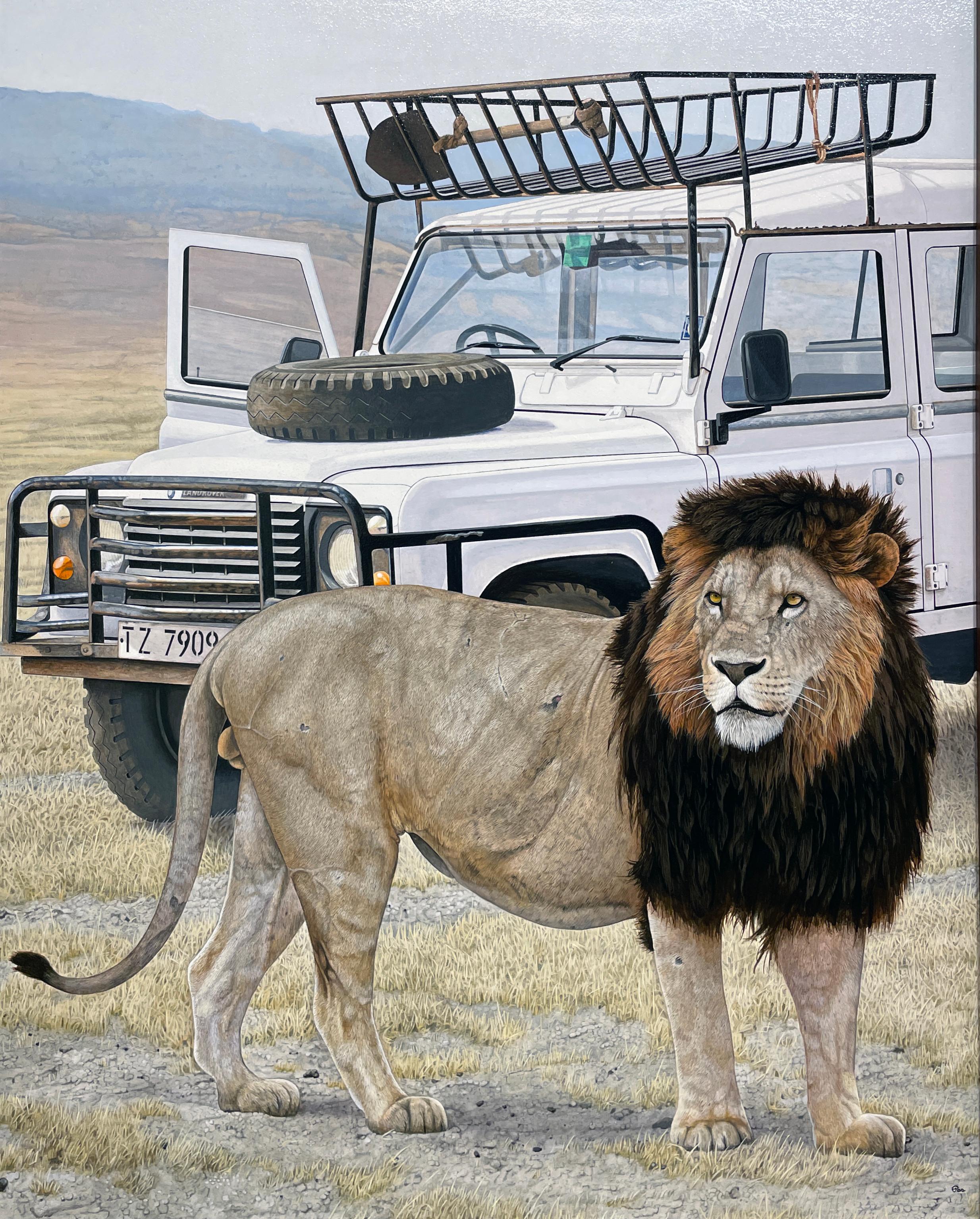 Mane foncé - Peinture photoréaliste d'un safari avec un lion et un Rover - Gris Animal Painting par Rick Pas