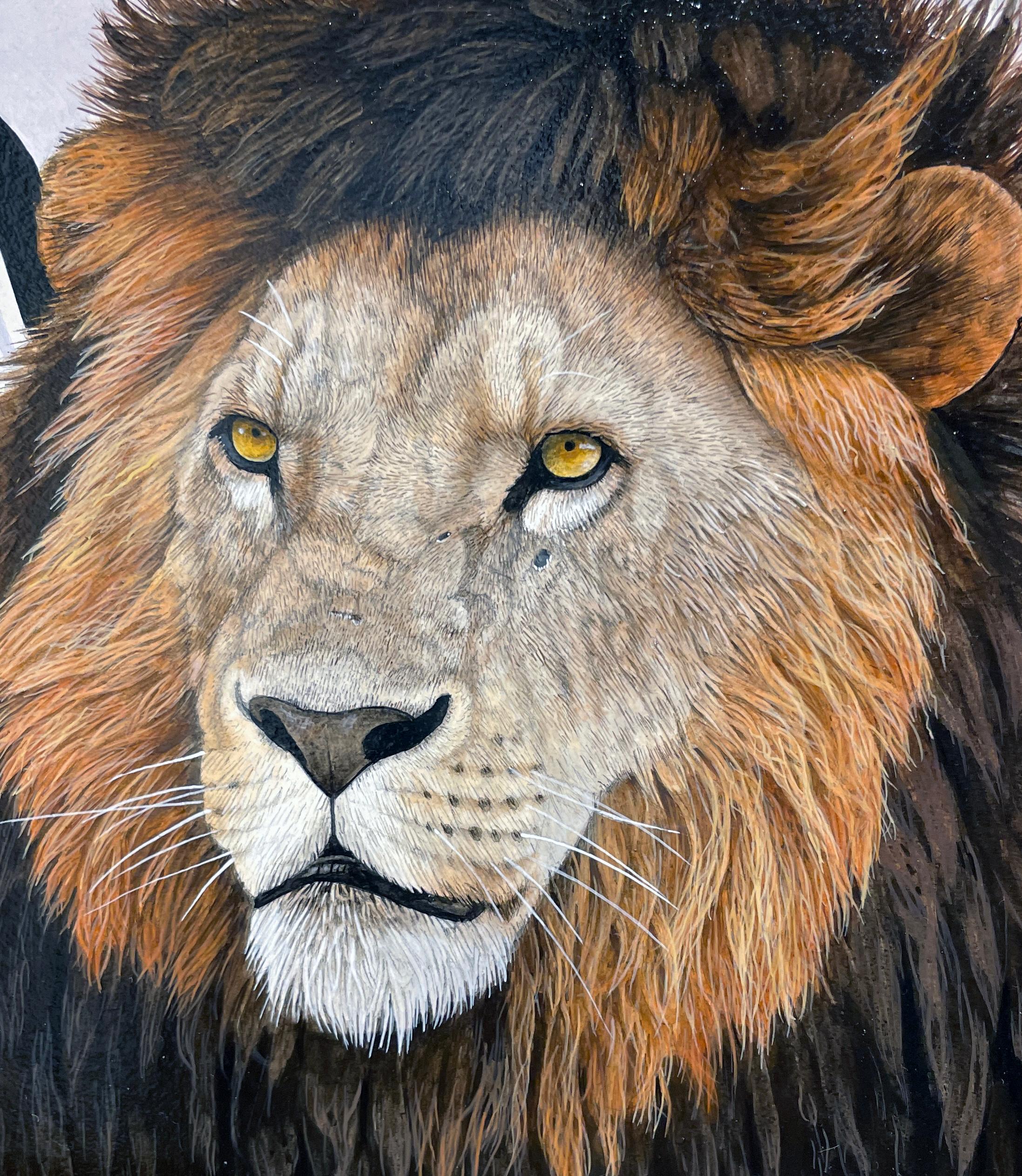 A lion strolls in front of a Range Rover in this photorealistic painting entitled 