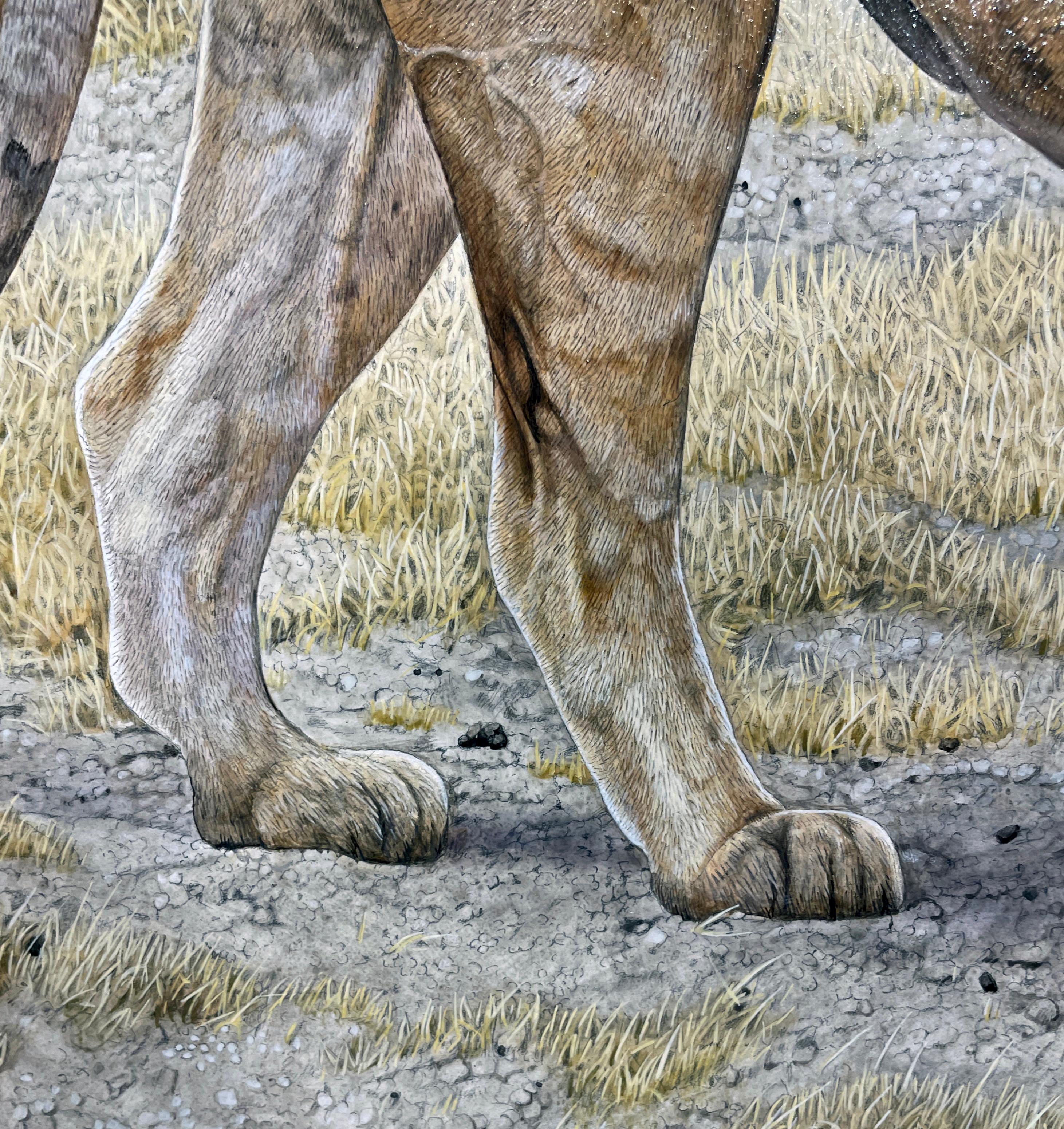 Dark Mane - Quadro fotorealistico di un safari con un leone e una Land Rover in vendita 2