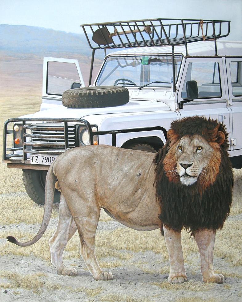 Animal Painting di Rick Pas - Dark Mane - Quadro fotorealistico di un safari con un leone e una Land Rover