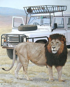 Dark Mane - Photorealistic Painting of a Safari with a Lion and Land Rover