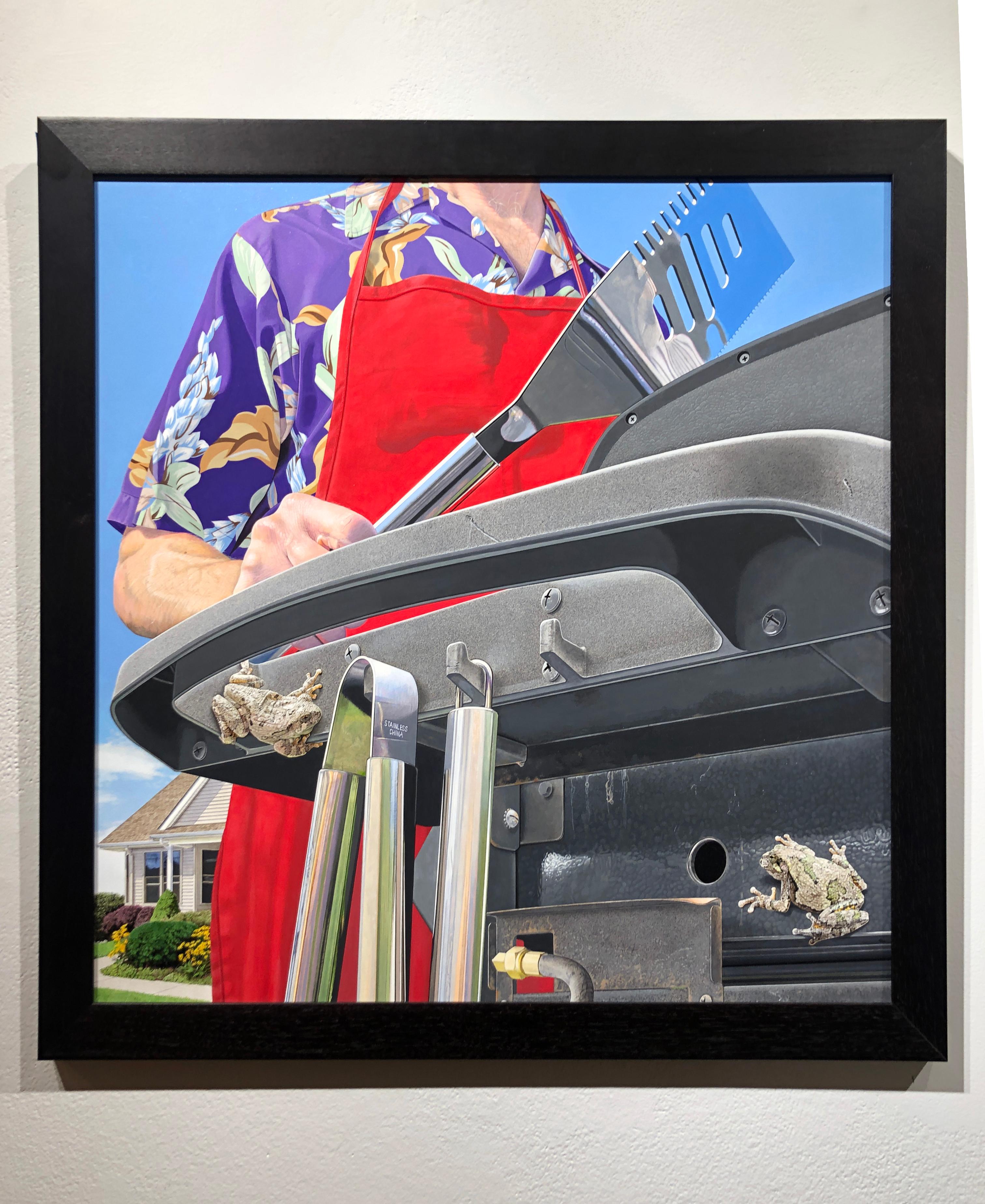 Invitados a la parrilla - Pintura fotorrealista de una escena veraniega a la parrilla con ranas - Painting de Rick Pas