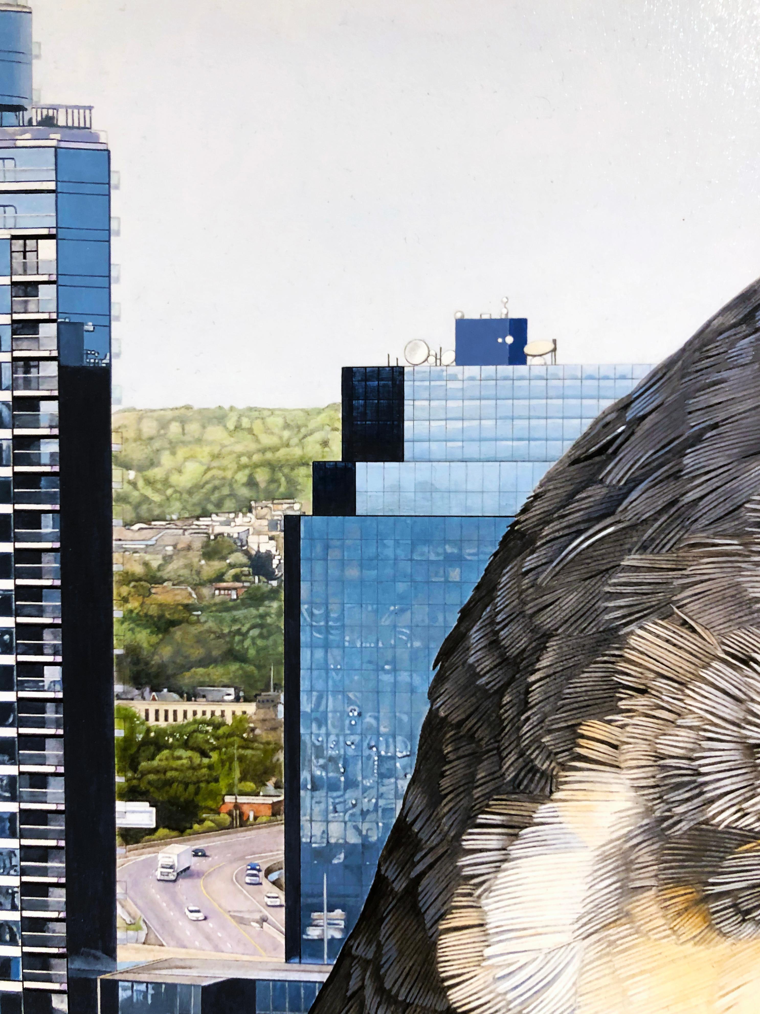 Peregrine City - Photorealist Painting of a Peregrine Falcon in an Urban Setting - Gray Animal Painting by Rick Pas