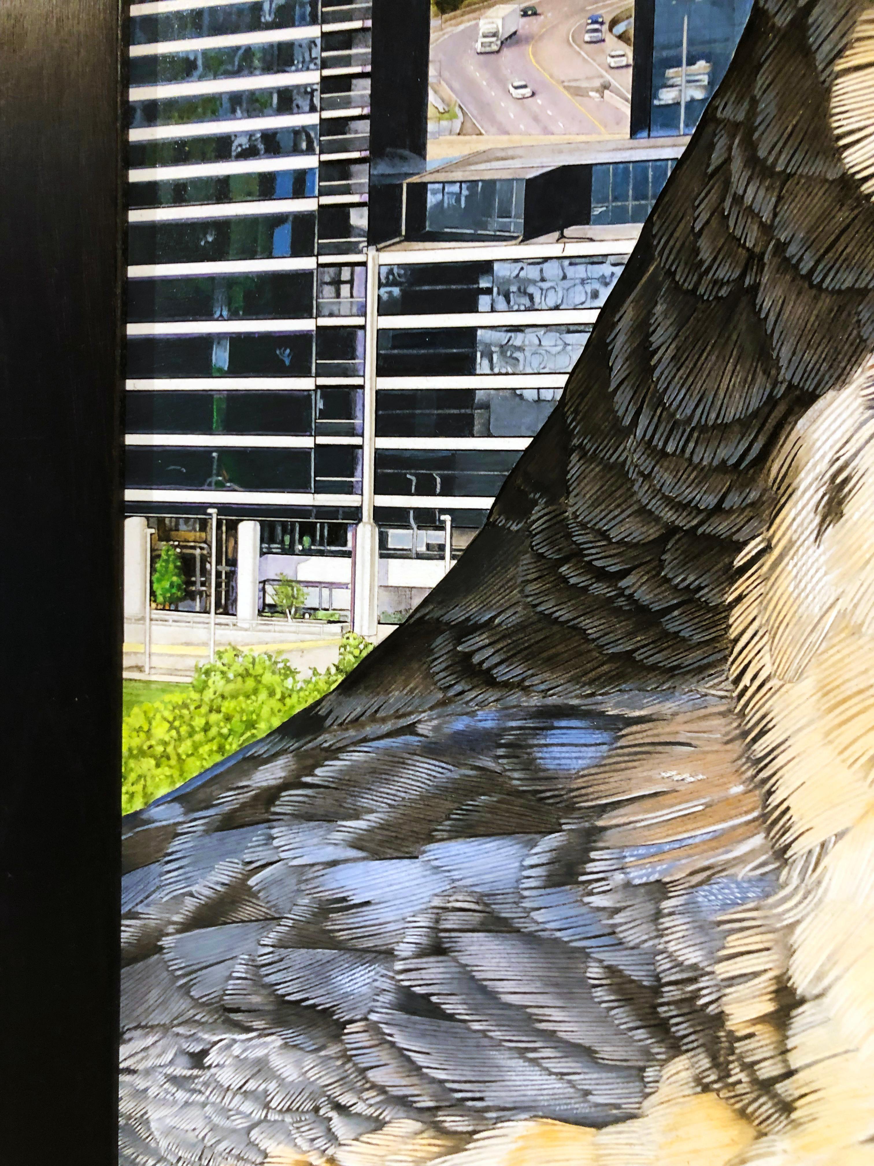 Peregrine City - Photorealist Painting of a Peregrine Falcon in an Urban Setting For Sale 2