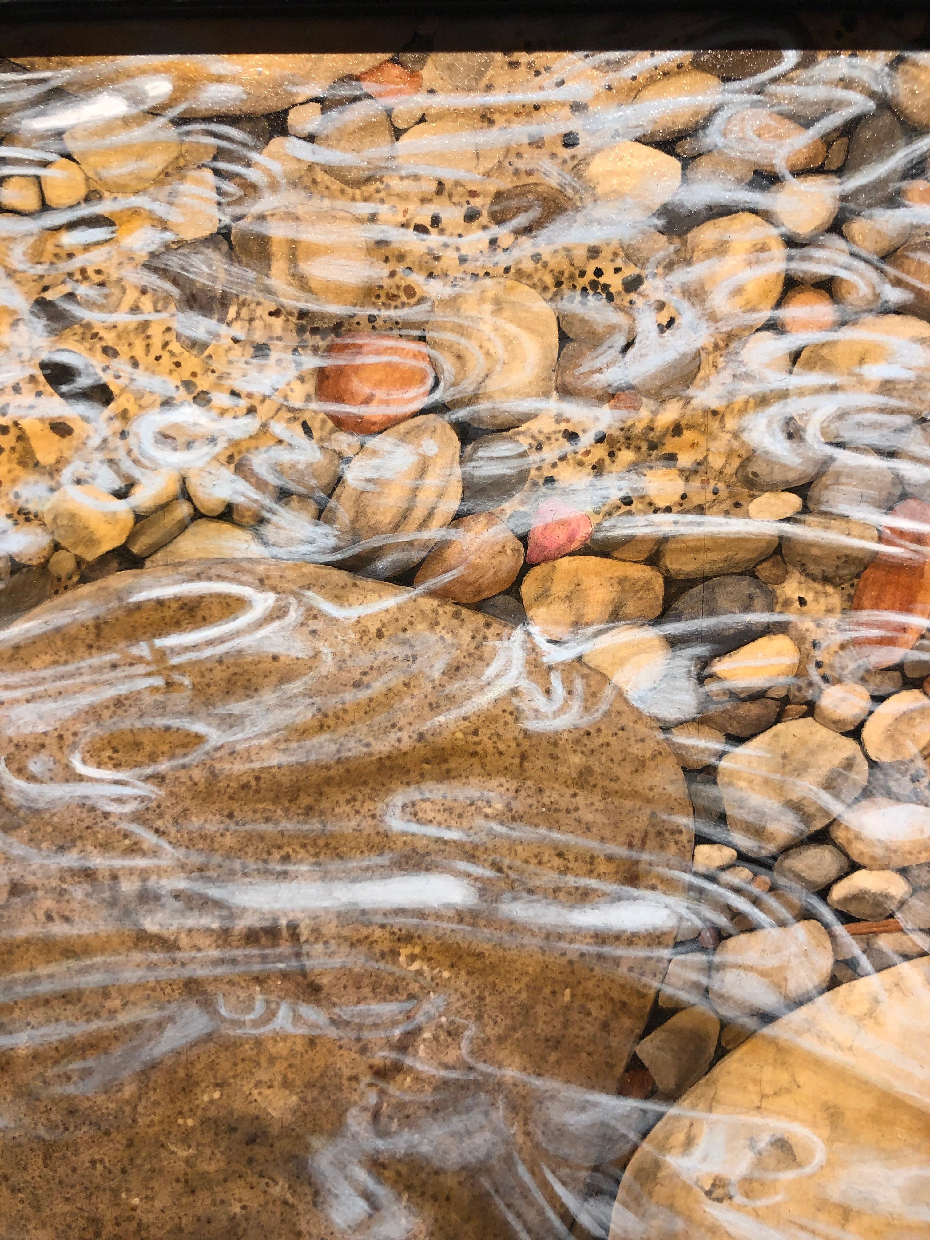 Painted with extraordinary detail, this moment in nature is captured in Rick Pas' unique style.  Four brightly colored green dragonflies sit atop river stones as water gently moves beneath their transparent wings.  

Rick Pas
Rocks in the