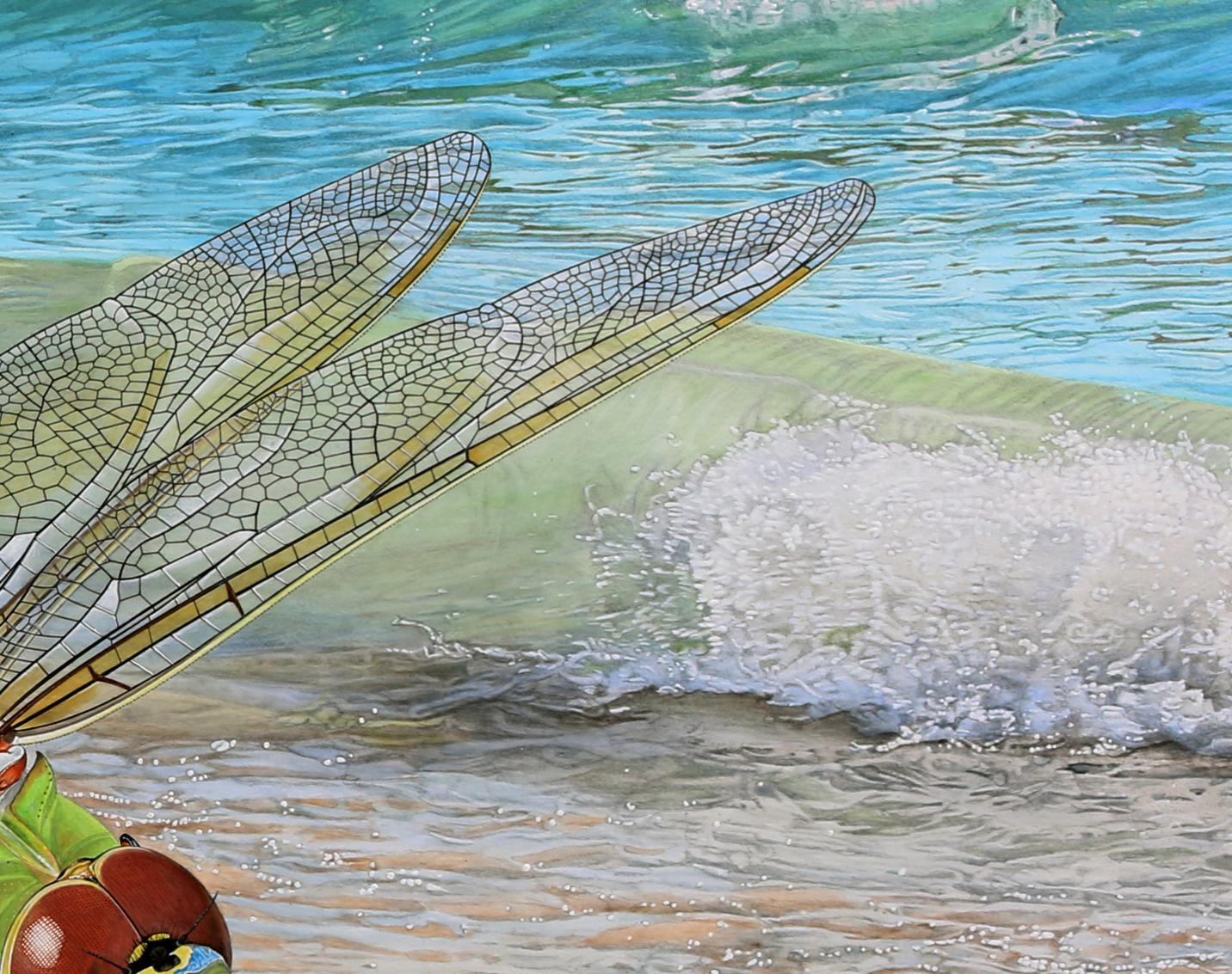 Shore Patrol - Fotorealistisches Gemälde einer Libelle, die über eine Küste schwebt (Grau), Landscape Painting, von Rick Pas