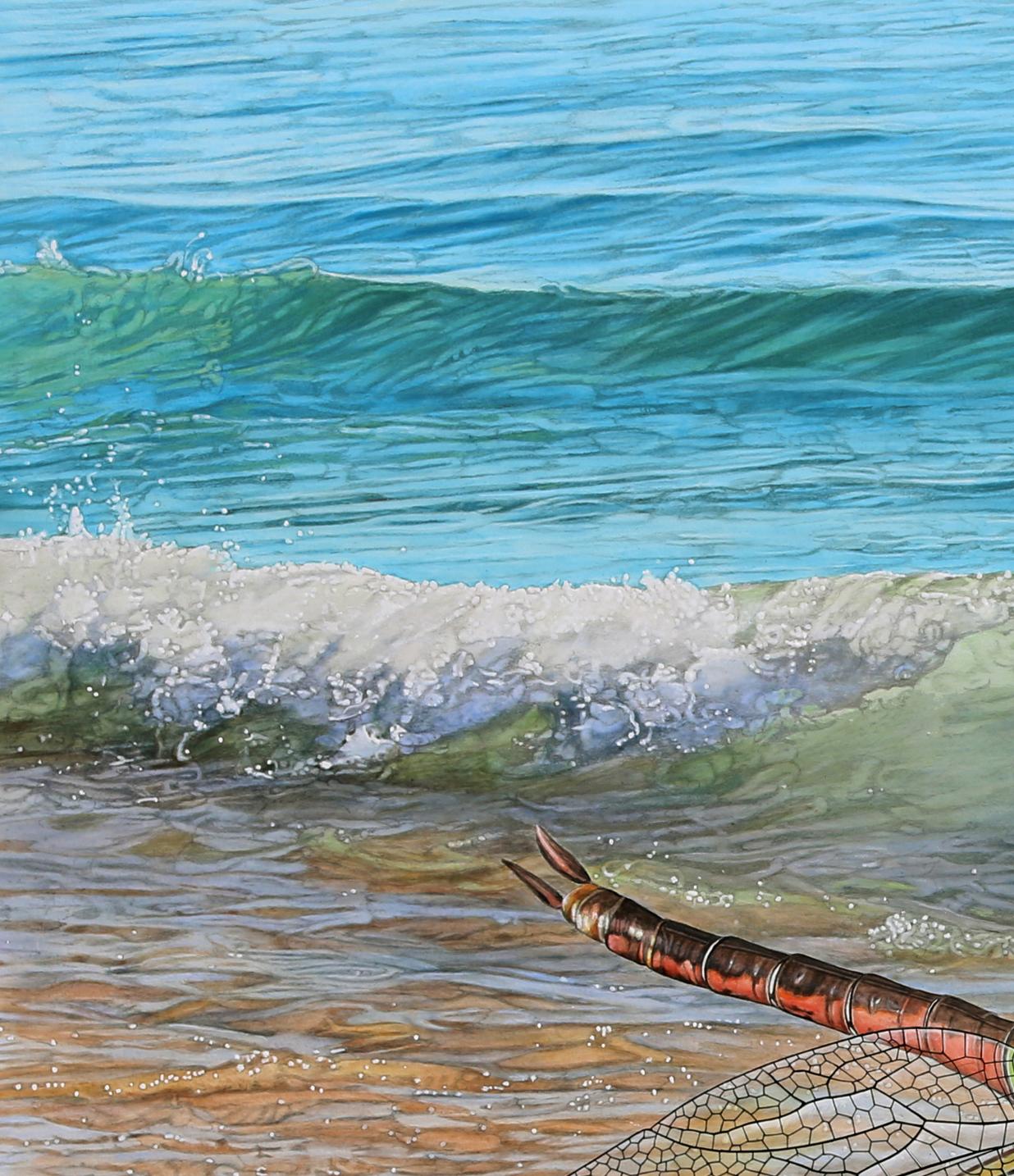 Shore Patrol - Fotorealistisches Gemälde einer Libelle, die über eine Küste schwebt im Angebot 1