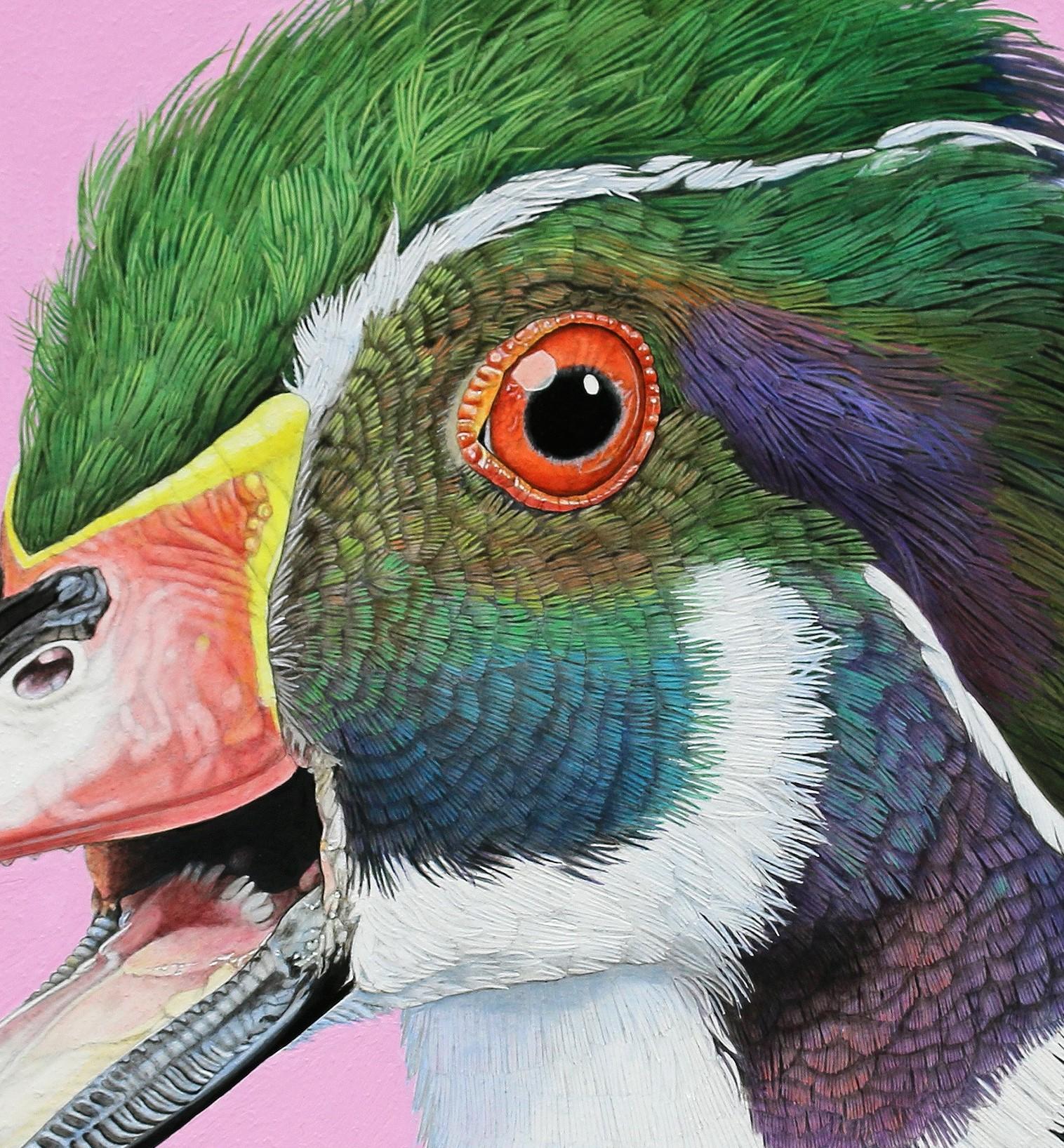 The Comic Wood Duck - Ritratto fotorealistico di un'anatra su sfondo rosa, con cornice - Landscape Painting Nero di Rick Pas