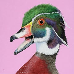 The Comic Wood Duck - Ritratto fotorealistico di un'anatra su sfondo rosa, con cornice