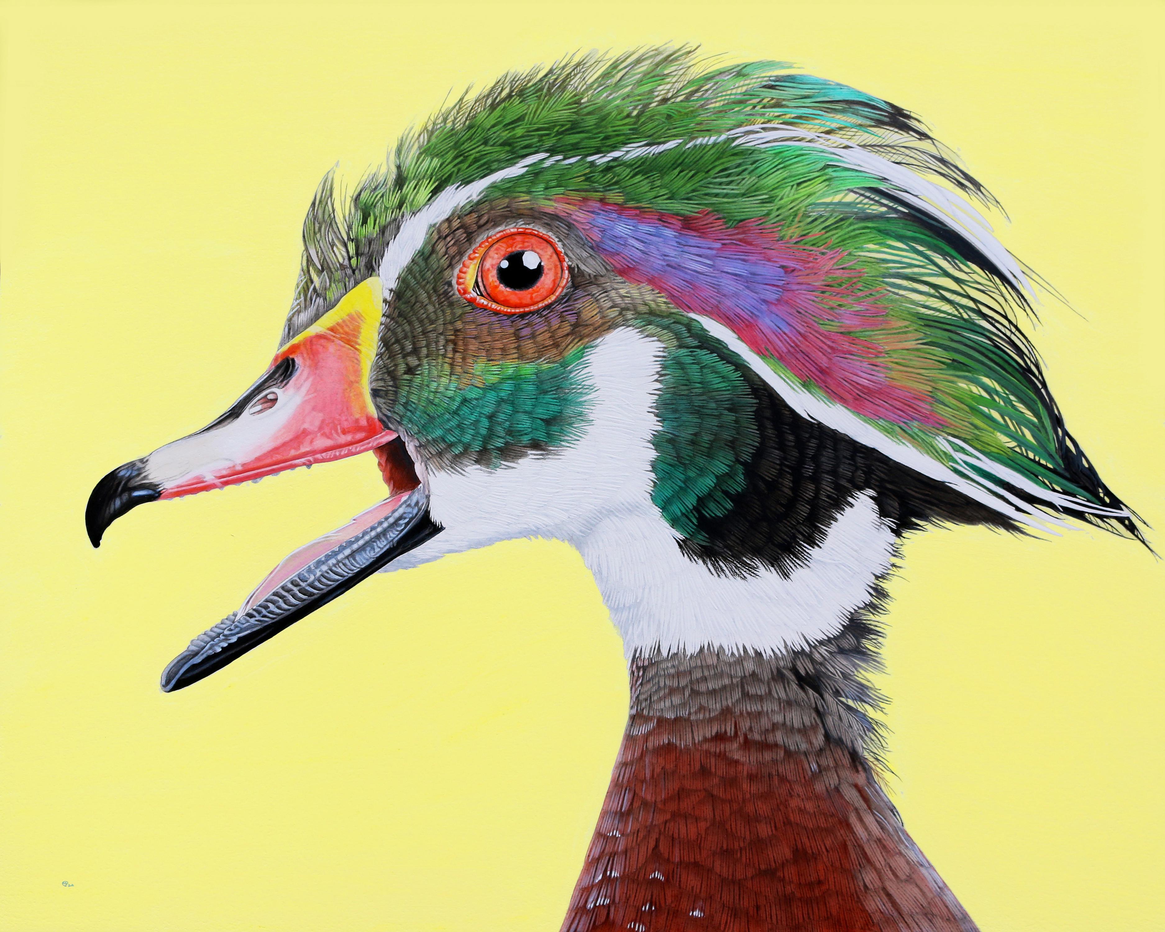 Animal Painting di Rick Pas - L'anatra di Wood sorpresa - Ritratto di uccello fotorealistico, sfondo giallo