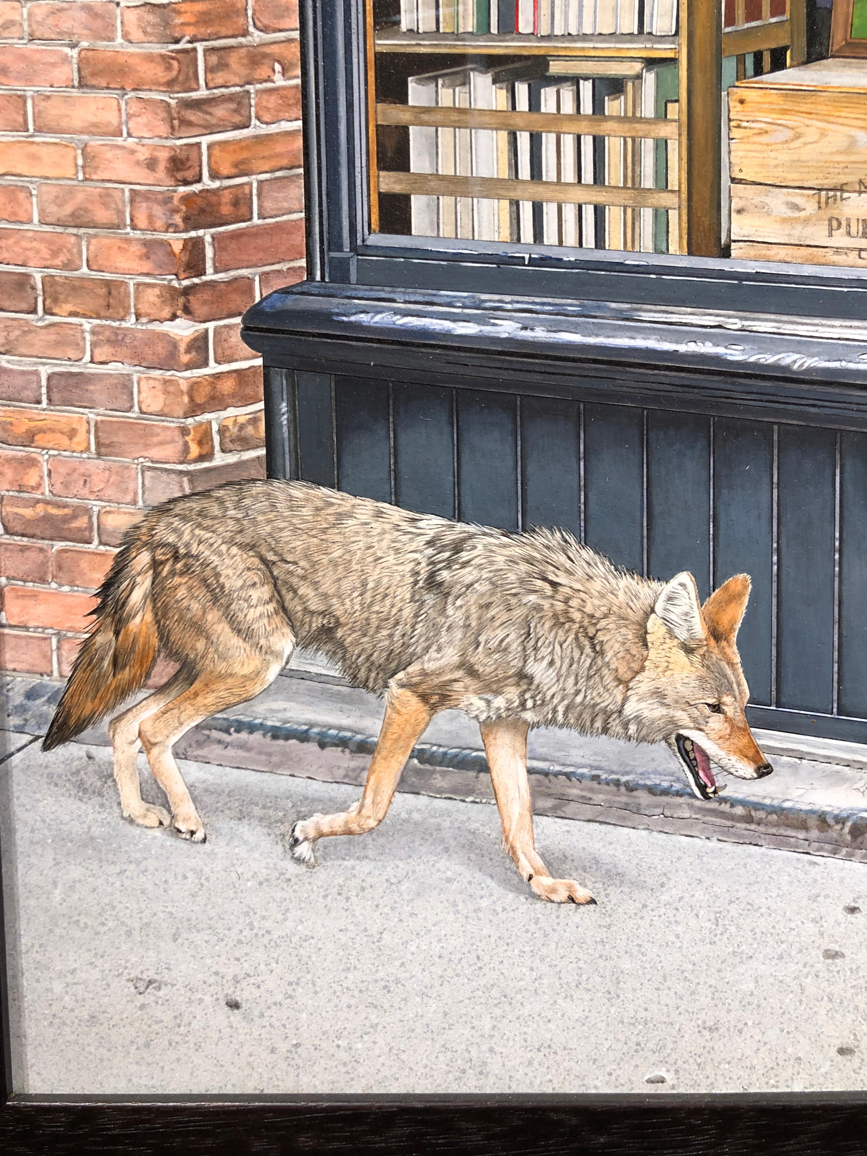 Urban Coyote - Highly Detailed Photorealist Painting of Coyote in Urban Setting For Sale 2