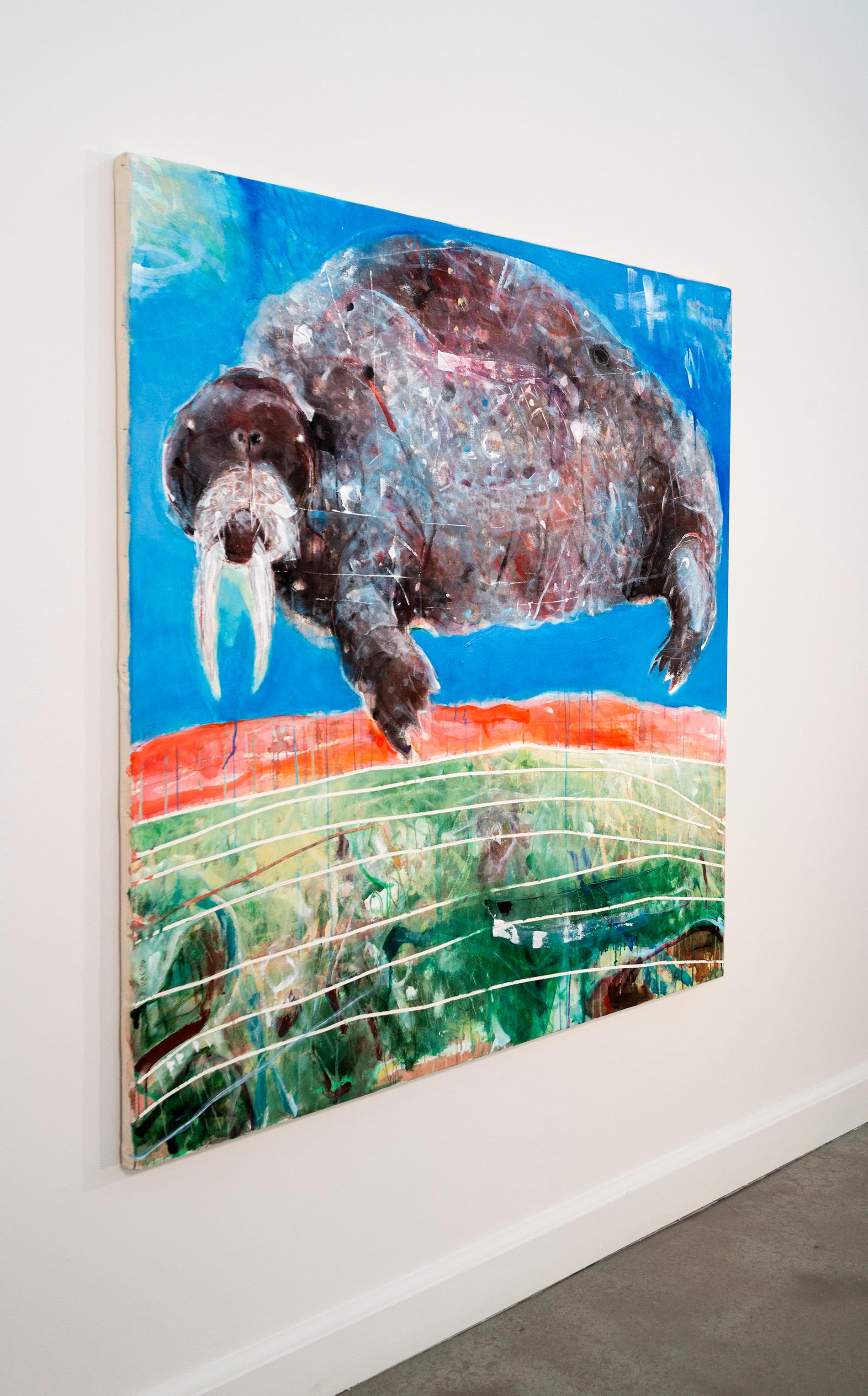 The walrus, an impressively large Arctic animal dominates the canvas in this expressive abstract painting by Rick Rivet. The Metis artist has acquired an international reputation for his contemporary artwork which often offers a poetic, spiritual