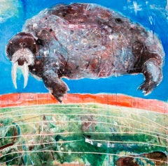 Au-dessus de la plage - coloré, animal, indigène, figuratif, acrylique sur toile