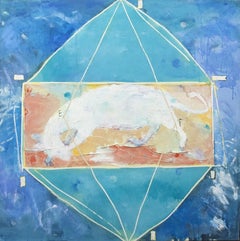 Louche à chat n° 5 - acrylique sur toile représentant des animaux figuratifs, bleu, blanc, indigènes