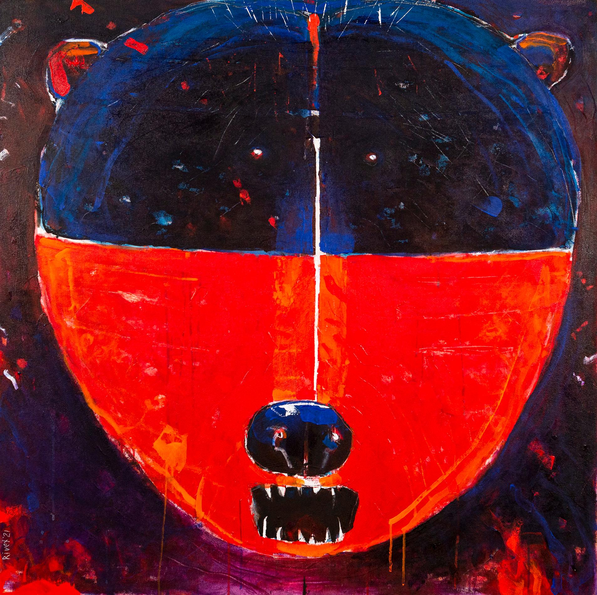 Rick Rivet Figurative Painting - Fire Face Grizzly - colourful, animal, indigenous, figurative, acrylic on canvas