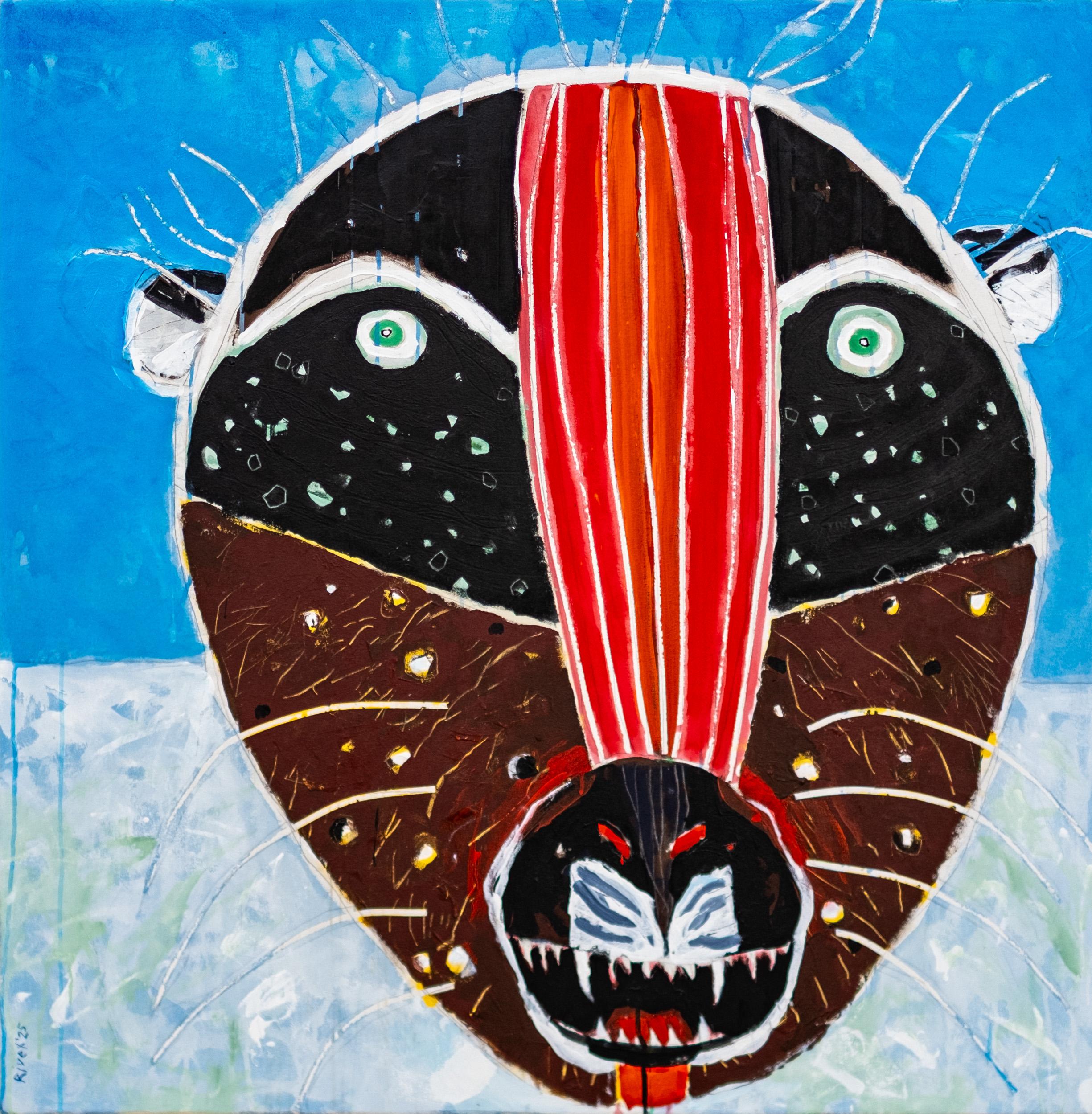 This contemporary painting of a cougar is by the Metis artist Rick Rivet.
 
In his powerful expressionist paintings, Rick Rivet pays homage to his indigenous roots and his early life in the far north. This portrait of a mountain cougar commands