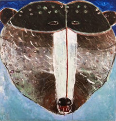 Grizzly Rain Face - acrylique figurative sur toile marron:: bleue:: animal:: indigène