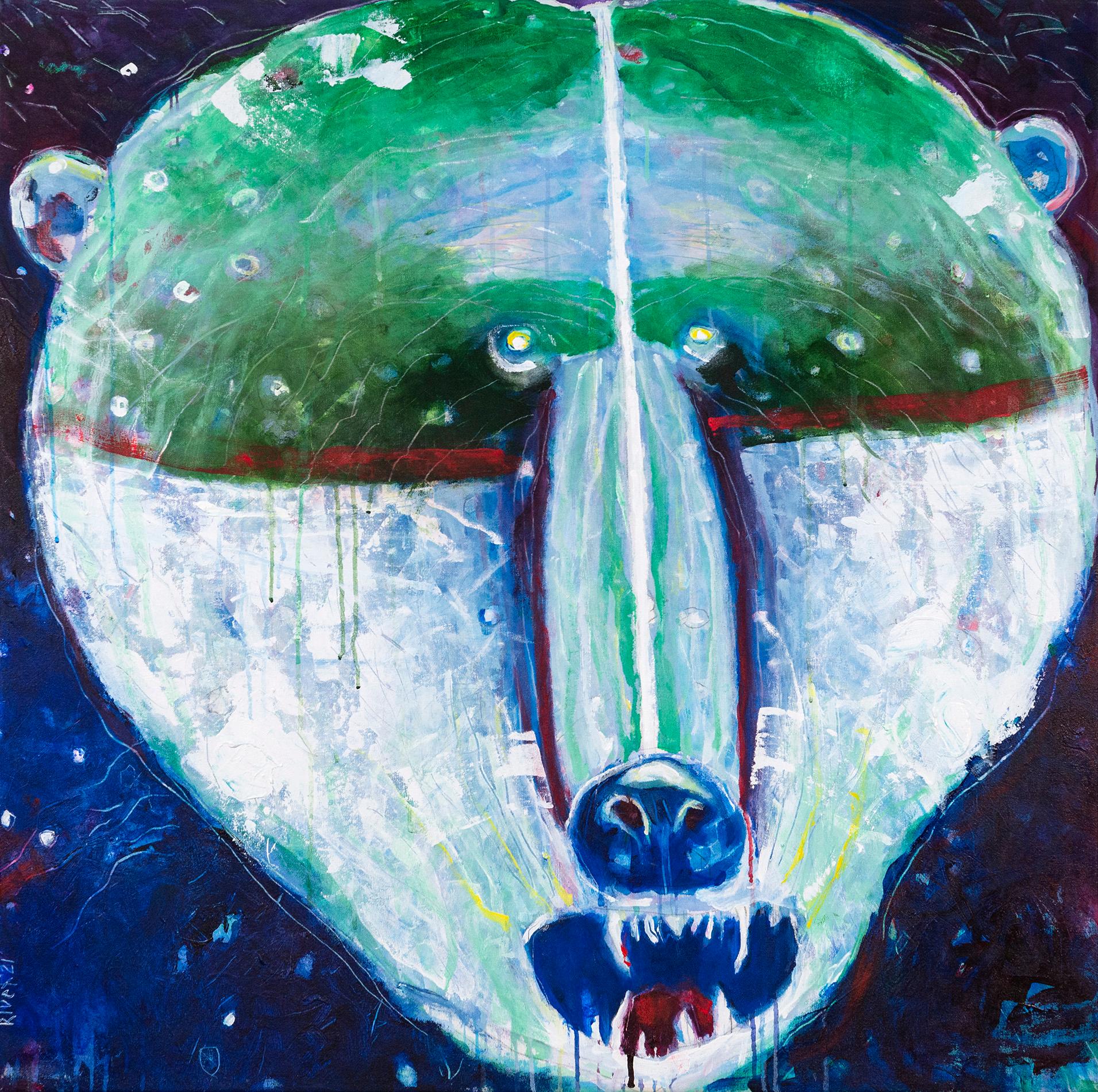 Rick Rivet Figurative Painting - Snow Face Grizzly - colourful, animal, indigenous, figurative, acrylic on canvas