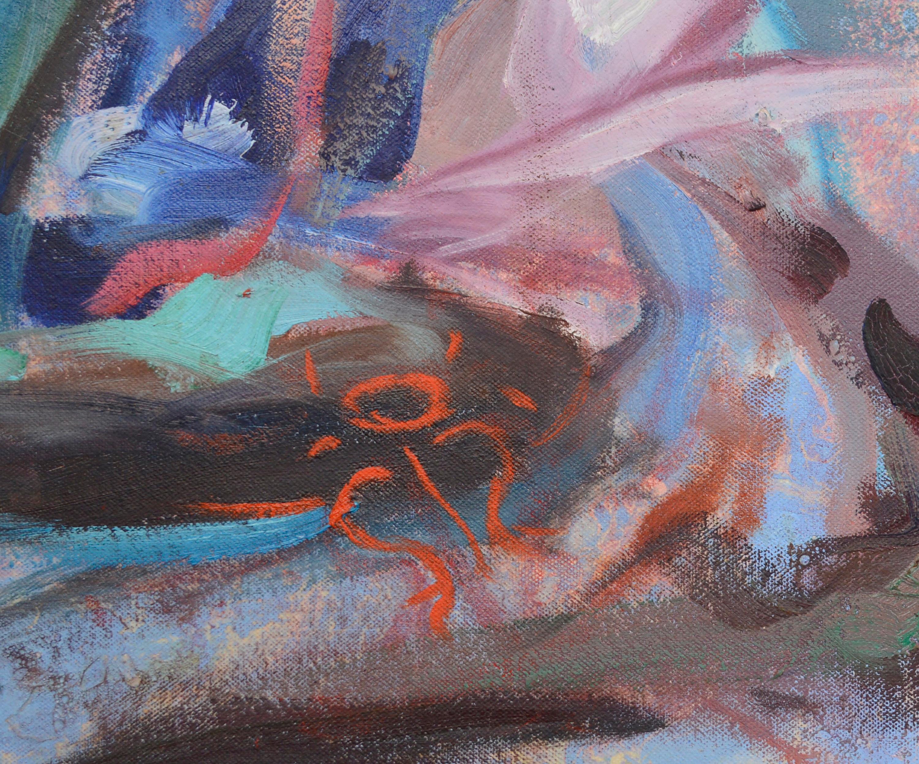 Eine lebhafte, mehrfarbige expressionistische Darstellung einer anmutig liegenden weiblichen Figur des Bay Area Künstlers Rick Rodrigues (Amerikaner, 20. Jahrhundert). Signiert mit dem Symbol des Künstlers unten links. Verso signiert 