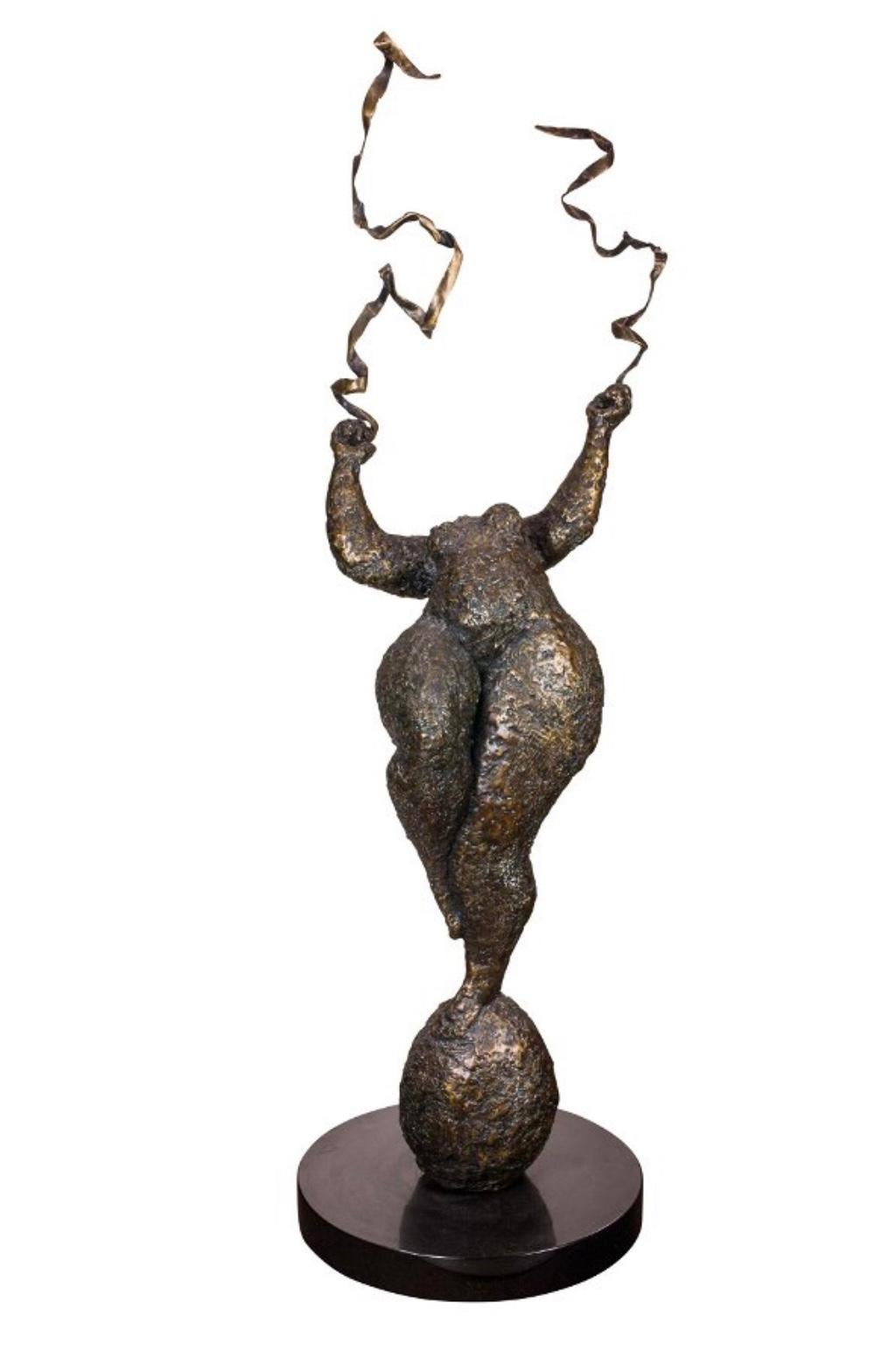 Wonderful whimsical nude female dancing with a ribbon. Large and impressive at 52 inches tall, this work is signed on the base Rowley. By the noted Californian artist Ramona Rowley. Likely late 20th century. In good condition. The stone base rotates