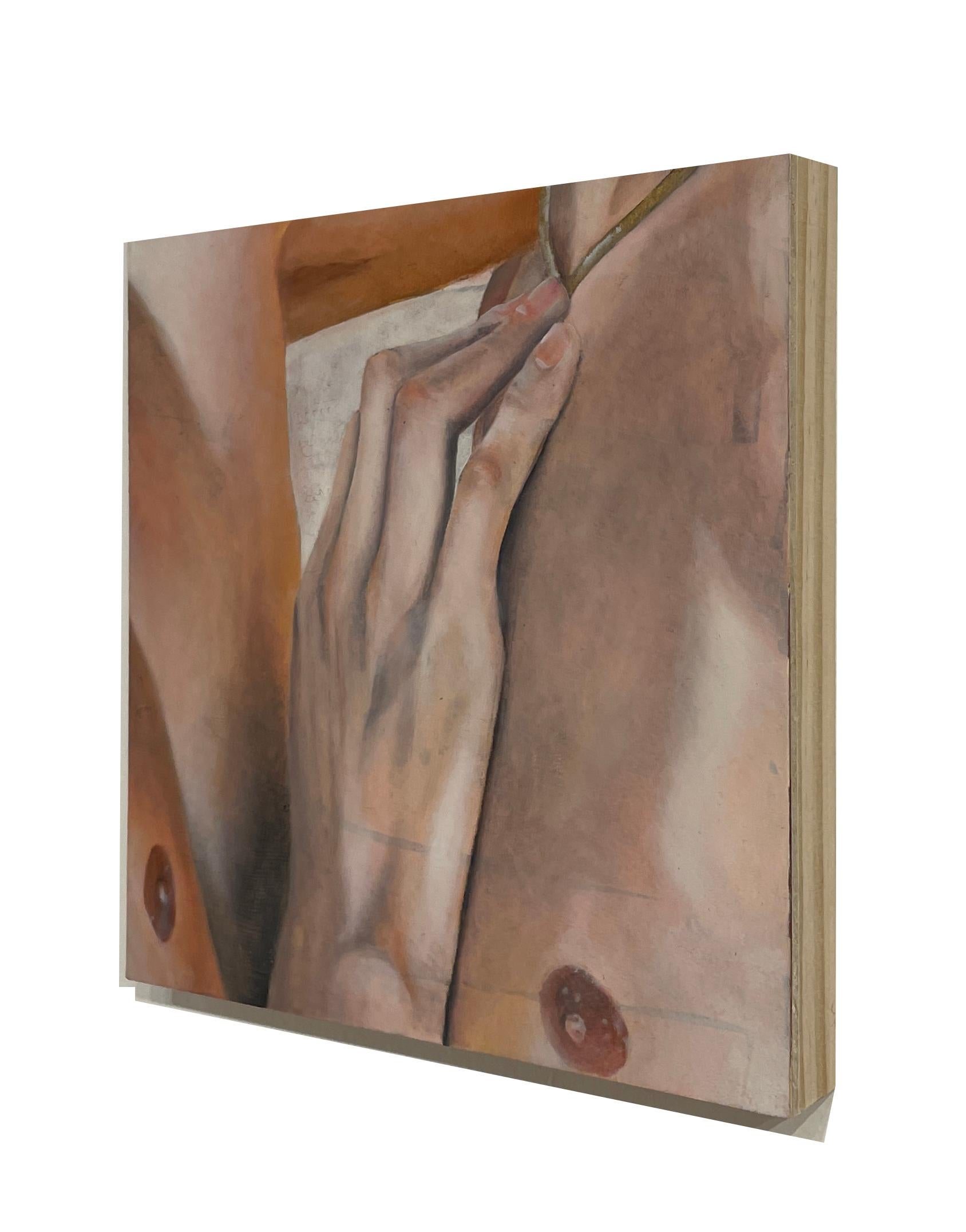 A Quiet Line - Intimate Painting of Two Nude Torsos, Original Oil on Panel - Brown Figurative Painting by Rick Sindt