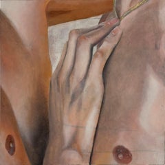 A Quiet Line - Intimate Painting of Two Nude Torsos, Original Oil on Panel