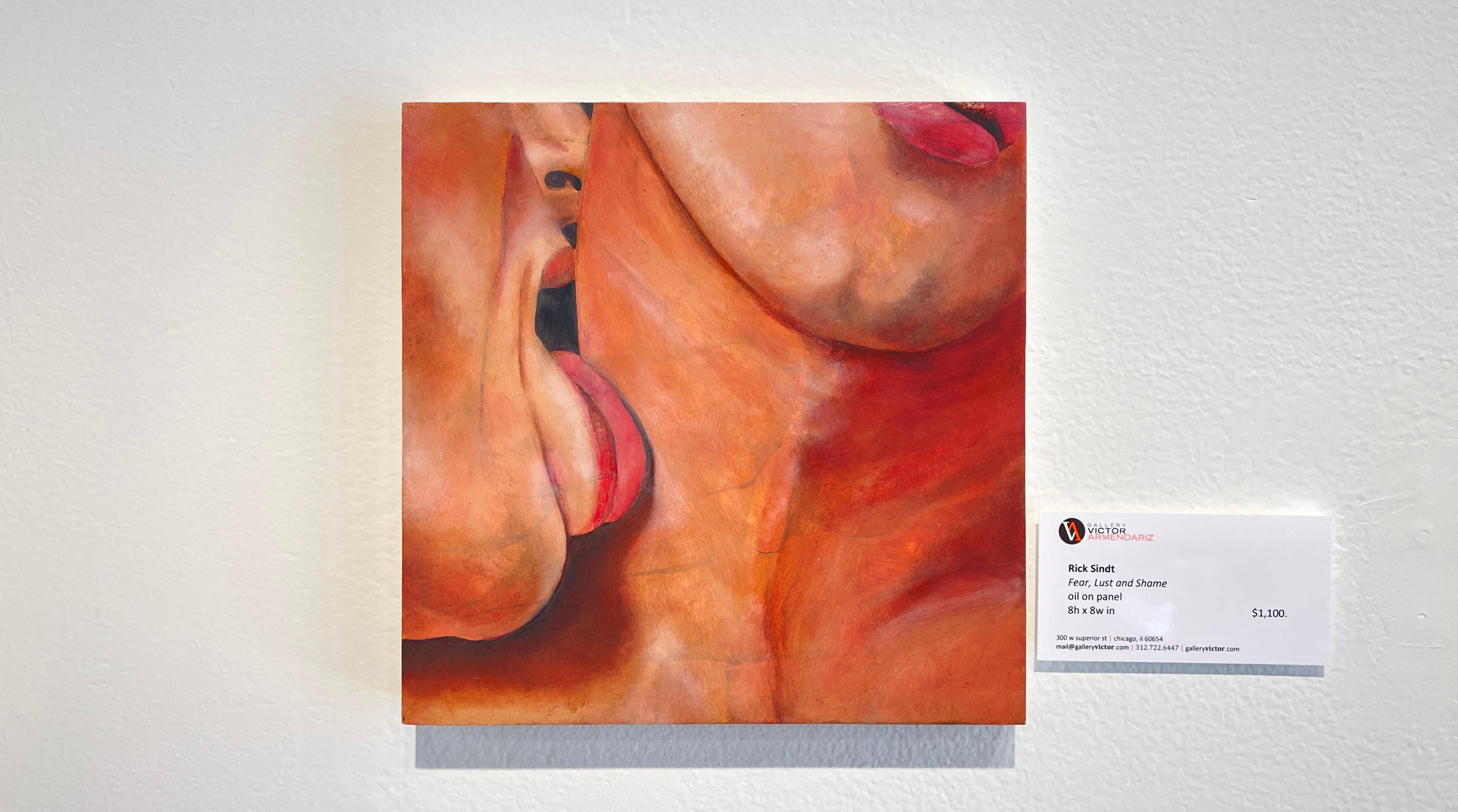 Fear and Lust and Shame  - Intimate Painting of a Couple Kissing, Original Oil - Pink Figurative Painting by Rick Sindt
