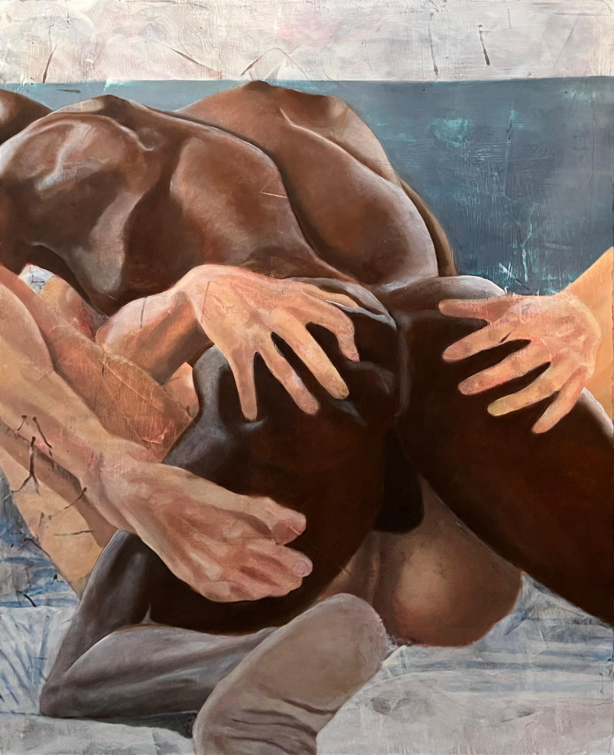 Rick Sindt Figurative Painting – Handing Your Heart to the Heat - Nackte Figuren, intime Darstellung eines Paares