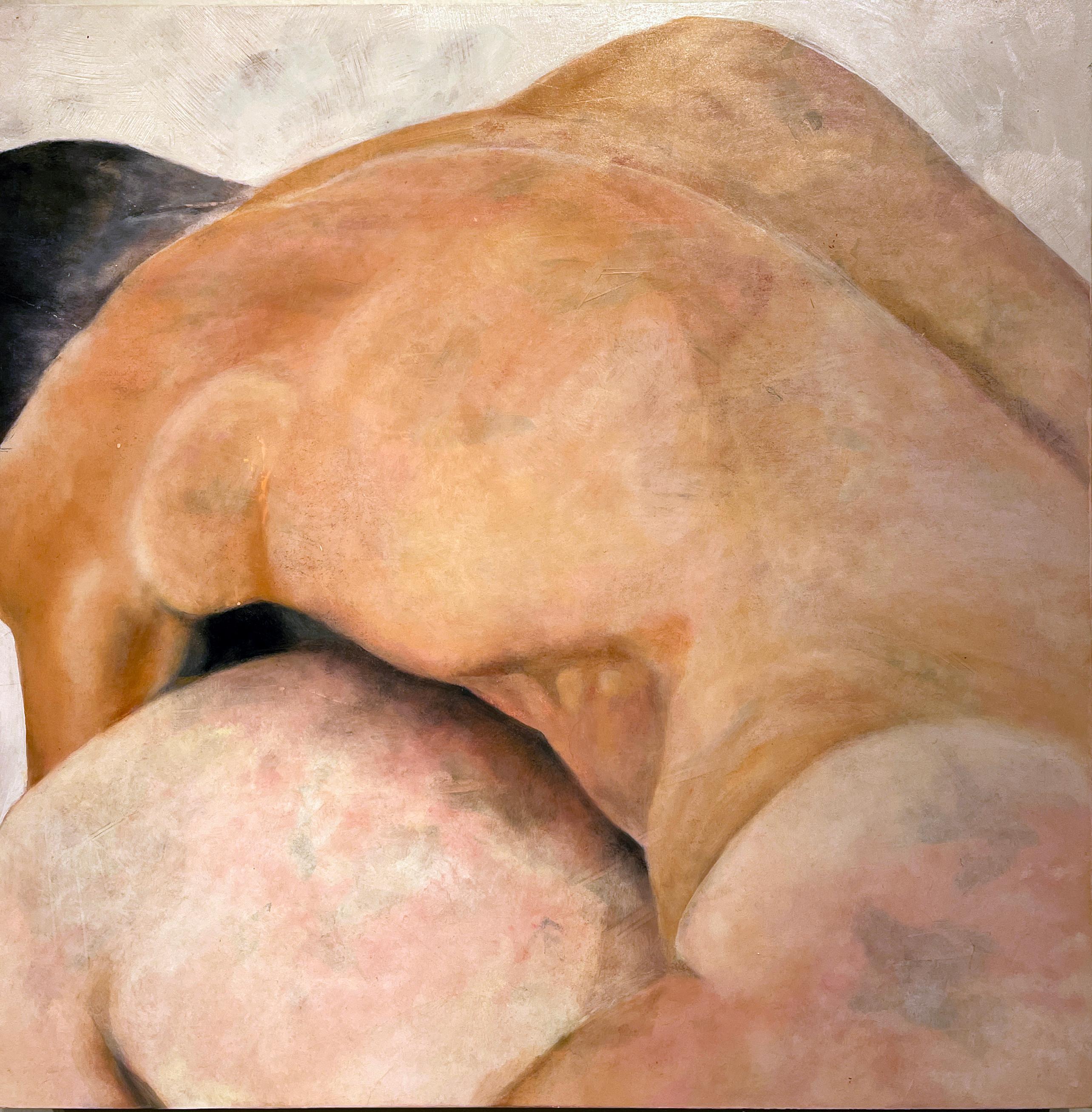 Rick Sindt Nude Painting - Shield Me - Nude Figures, Intimate Portrayal of a Couple, Original Oil on Panel