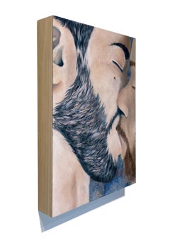 Without Heaviness - Close-Up Painting of Two Men Kissing, Original Oil on Panel