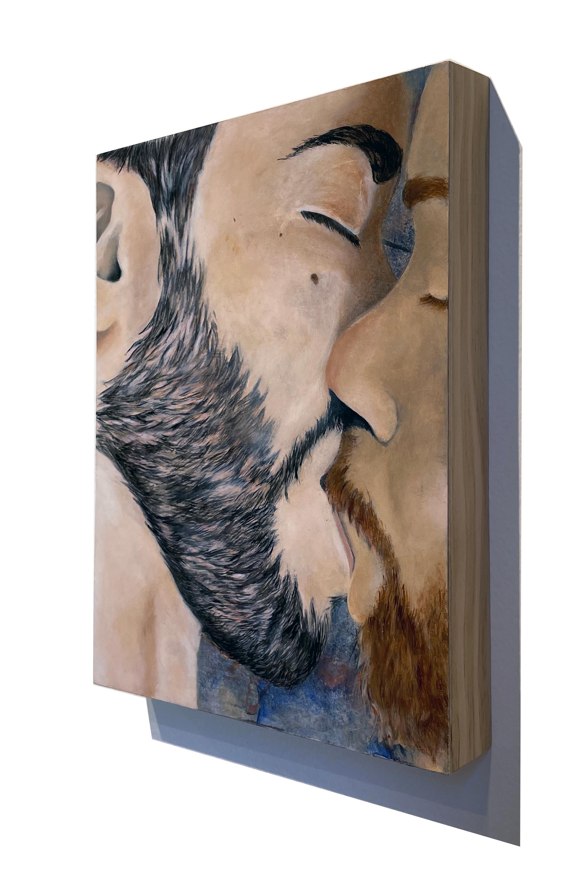 Senza pesantezza - Pittura ravvicinata di due uomini che si baciano, olio originale su pannello - Nude Painting Marrone di Rick Sindt